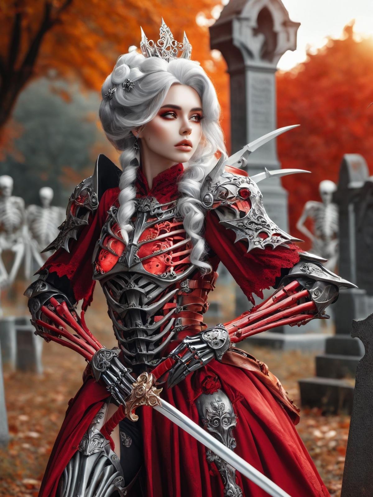 cinematic photo [ :(b&w, Monochromatic, Film Photography:1.3):0.5], full body female, (undead queen:1.1), pale skin, spear, (blood on weapon:1.2), (crimson red and grey intricate skeletal armor:1.3), exposed rib cage , long white hair, (fantasy background:1.3), epic atmosphere, amazing details, fantasy, 8k, graveyard background, ghost, spirit . 35mm photograph, film, bokeh, professional, 4k, highly detailed,  <lora:GeorgianStyleLocal:0.8> GeorgianStyle