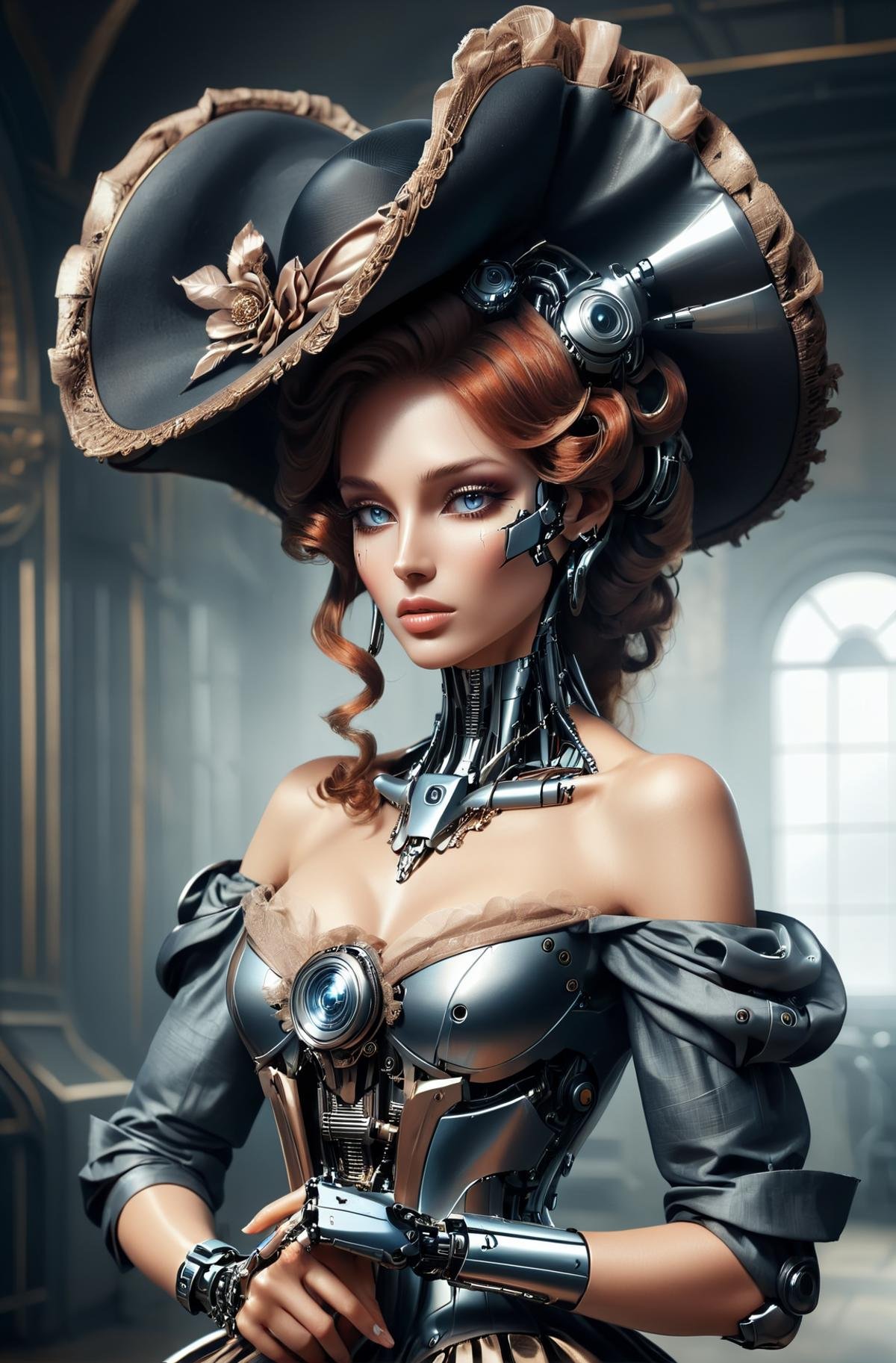 <lora:GeorgianStyleLocal:0.8> GeorgianStyle, realistic, cyborg woman with large hat, metal dress, bare shoulders