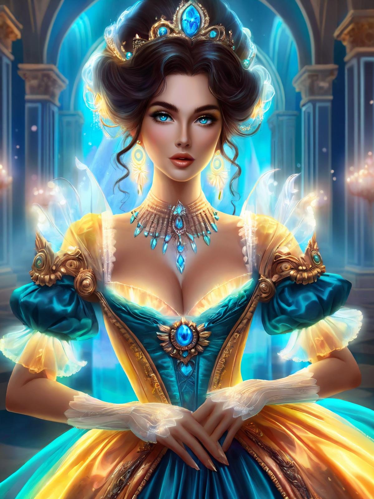 ethereal fantasy concept art of mid shot of woman wearing a neon illuminated dress, royal cleavage  <lora:GeorgianStyleLocal:0.8> GeorgianStyle . magnificent, celestial, ethereal, painterly, epic, majestic, magical, fantasy art, cover art, dreamy