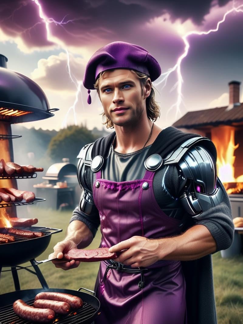 long shot scenic professional photograph of cyberpunk Chris Hemsworth as Thor, god of thunder and well made sausages, wearing a purple apron and toque, large smile, with a background in lightning meals, next to a futuristic bbq, cooking sausage with lightning, vibrant, stunningly beautiful, crisp, sleek, ultramodern, cinematic, ultra detailed, intricate, professional, color theme using Vivid Sky Blue and magenta and black  <lora:GeorgianStyleLocal:1> GeorgianStyle, perfect viewpoint, highly detailed, wide-angle lens, hyper realistic, with dramatic sky, polarizing filter, natural lighting, vivid colors, everything in sharp focus, HDR, UHD, 64K