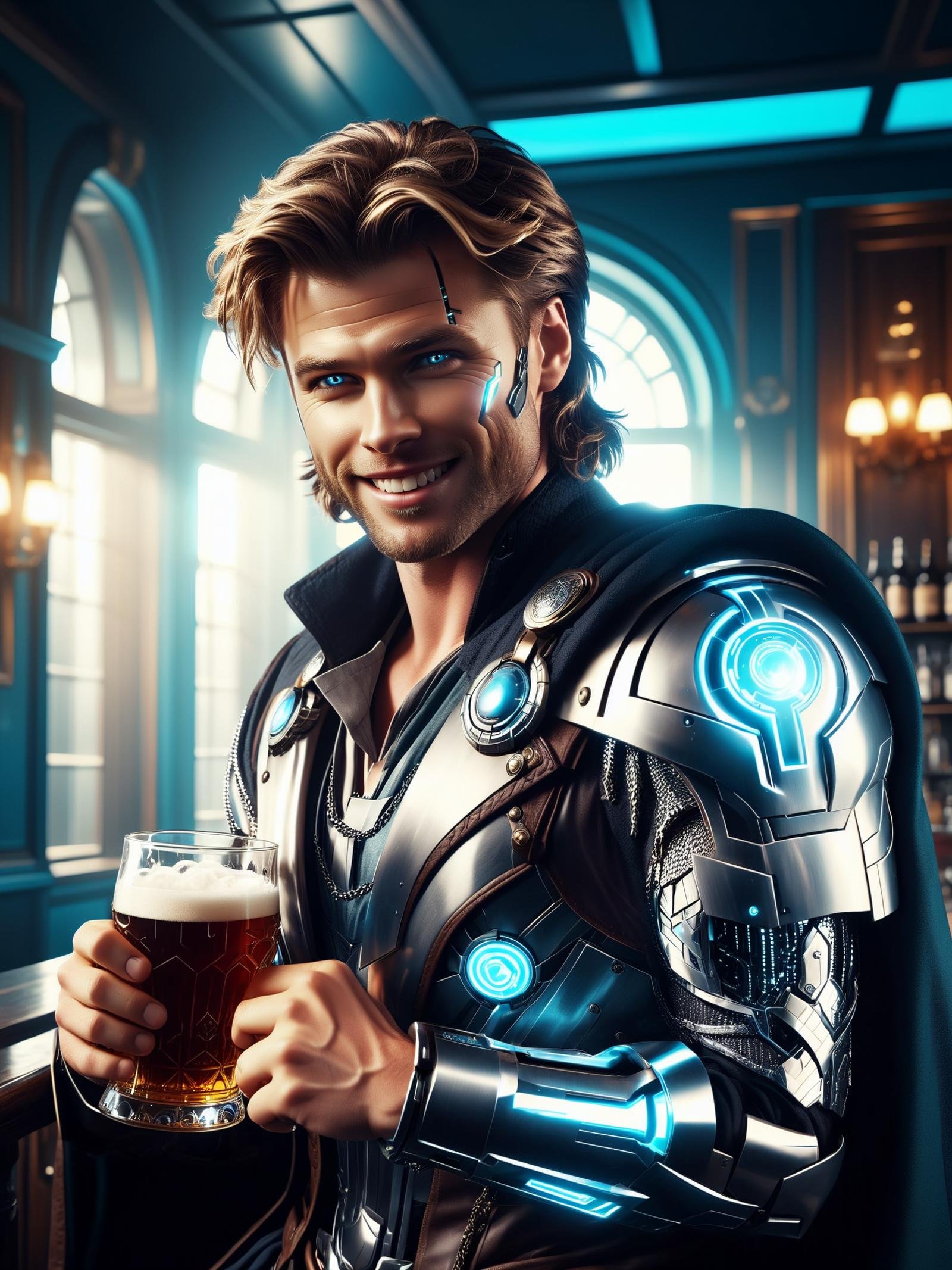 cinematic photo of cyberpunk Chris Hemsworth as Thor holding a hammer, having a pint in a pub, big smile, laughing, quarter view, energy core, vibrant, stunningly beautiful, crisp, sleek, ultramodern, cinematic, ultra detailed, intricate, professional, color theme using Vivid Sky Blue and Black and Aureolin, <lora:GeorgianStyleLocal:1> GeorgianStyle . 35mm photograph, film, bokeh, professional, 4k, highly detailed