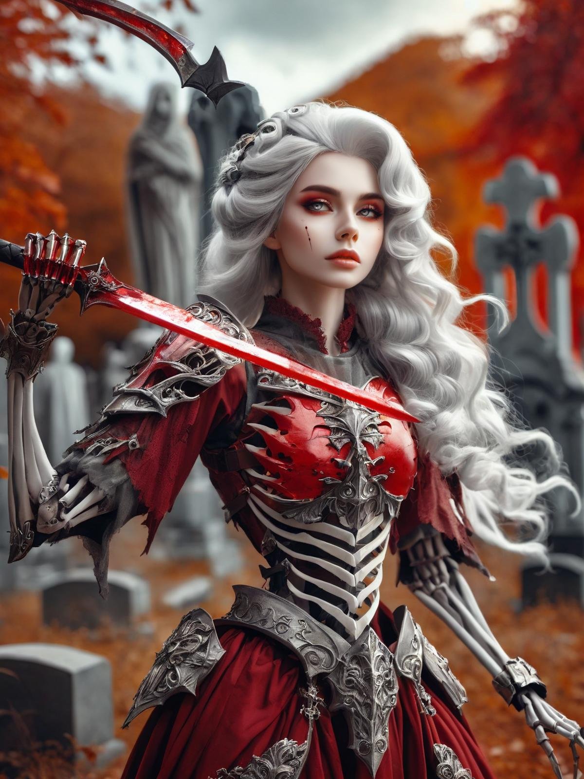 cinematic photo [ :(b&w, Monochromatic, Film Photography:1.3):0.5], full body female, (undead queen:1.1), pale skin, spear, (blood on weapon:1.2), (crimson red and grey intricate skeletal armor:1.3), exposed rib cage , long white hair, (fantasy background:1.3), epic atmosphere, amazing details, fantasy, 8k, graveyard background, ghost, spirit . 35mm photograph, film, bokeh, professional, 4k, highly detailed,  <lora:GeorgianStyleLocal:0.8> GeorgianStyle