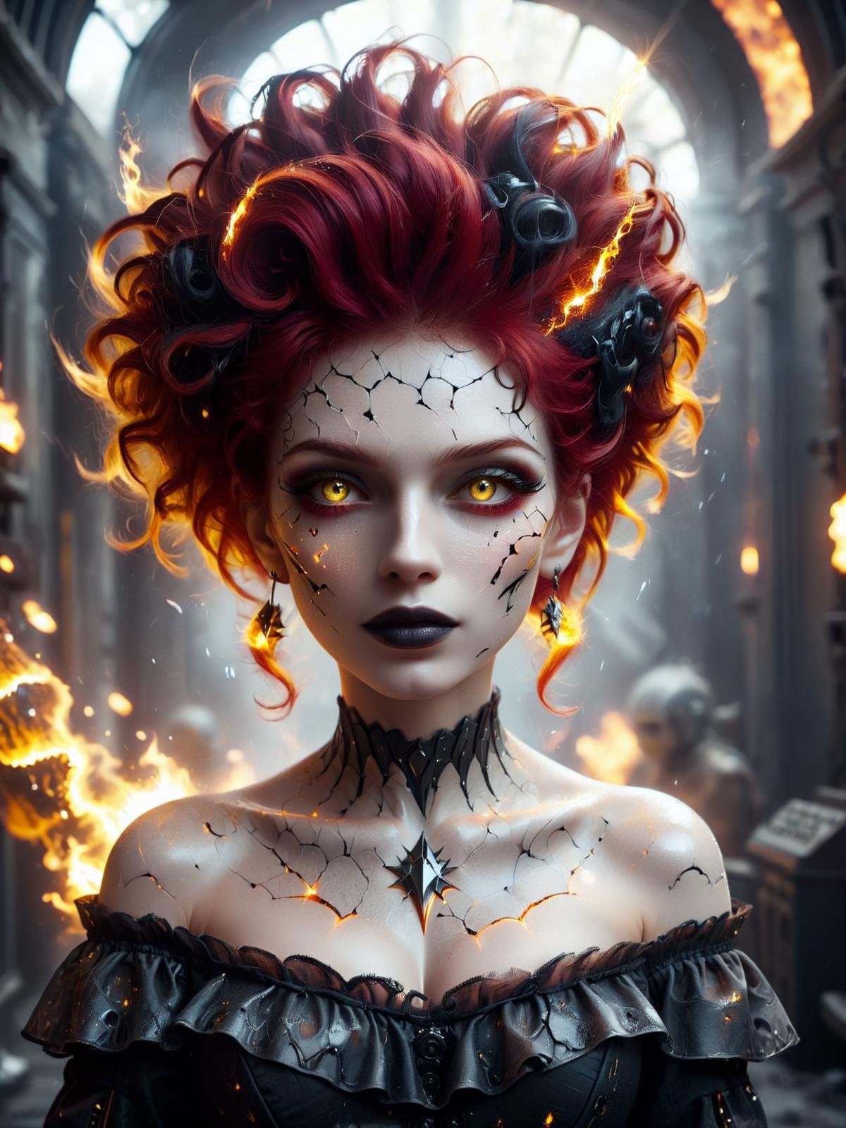 cinematic photo of a woman, off-the-shoulder blouse, mohawk red hair, glowing yellow eyes, black lips, lopsided smile, magmacore, inner fire, rays coming through cracked skin, sci-fi, film, bokeh, whimsical, 4k, highly detailed,DonMD3m0nXL <lora:DonMD3m0nXL:0.5>  <lora:GeorgianStyleLocal:0.8>