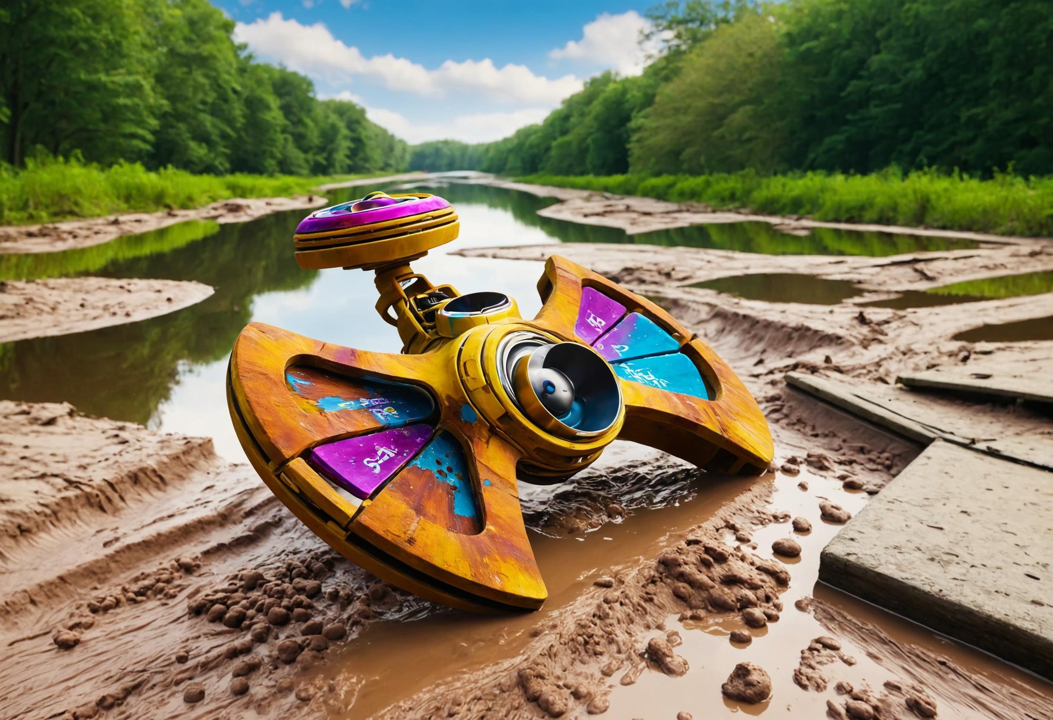 giant intergalactic fidget spinner with three blades crash lands in an abandoned city canal nose first into the mud, abandoned pod racer, vibrant colors to get more reactions  <lora:dvr-lnds-sdxl:0.8> dvr-lnds-sdxl