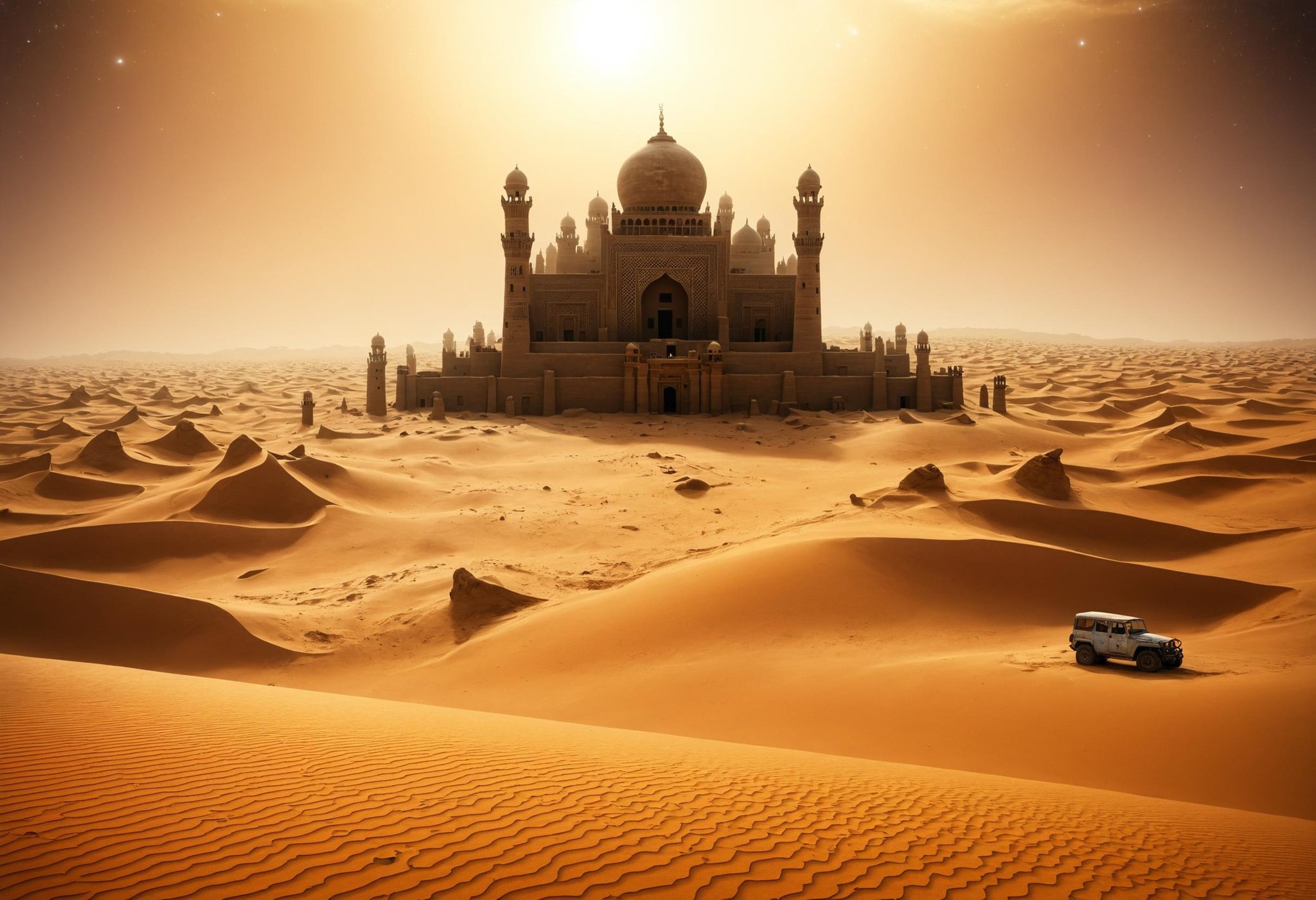 Imagine an ancient city, once a hub of civilization, now buried beneath the desert sands underneath a starry sky. The tips of ornate spires and a half-exposed palace dome are all that remain above the dunes. Wind-swept sands drift across hieroglyphs and bas-reliefs, slowly erasing the stories of a bygone era. Occasionally, treasure hunters and archaeologists unearth artifacts, briefly bringing glimpses of a rich past back to light before the desert reclaims them  <lora:dvr-lnds-sdxl:0.8> dvr-lnds-sdxl