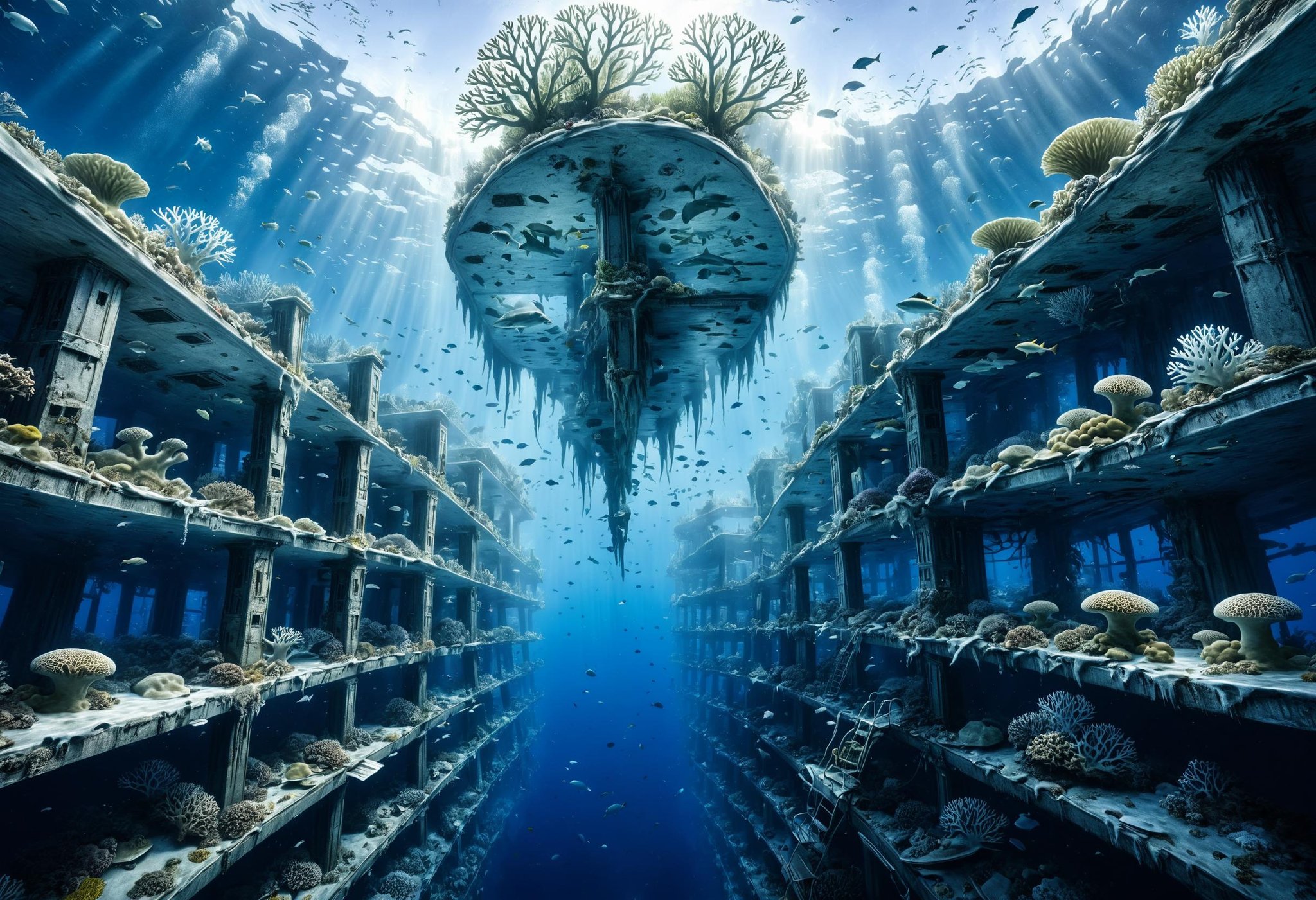 Visualize a world where the polar ice caps have completely melted, causing an immense rise in sea levels. Coastal cities are submerged, and the tops of skyscrapers now serve as islands for the survivors and aquatic wildlife. Coral reefs thrive around the submerged infrastructure, and divers explore the underwater ruins of civilization, swimming through submerged libraries and metro stations, highlighting the adaptability of nature and the resilience of remnants of human ingenuity  <lora:dvr-lnds-sdxl:0.8> dvr-lnds-sdxl