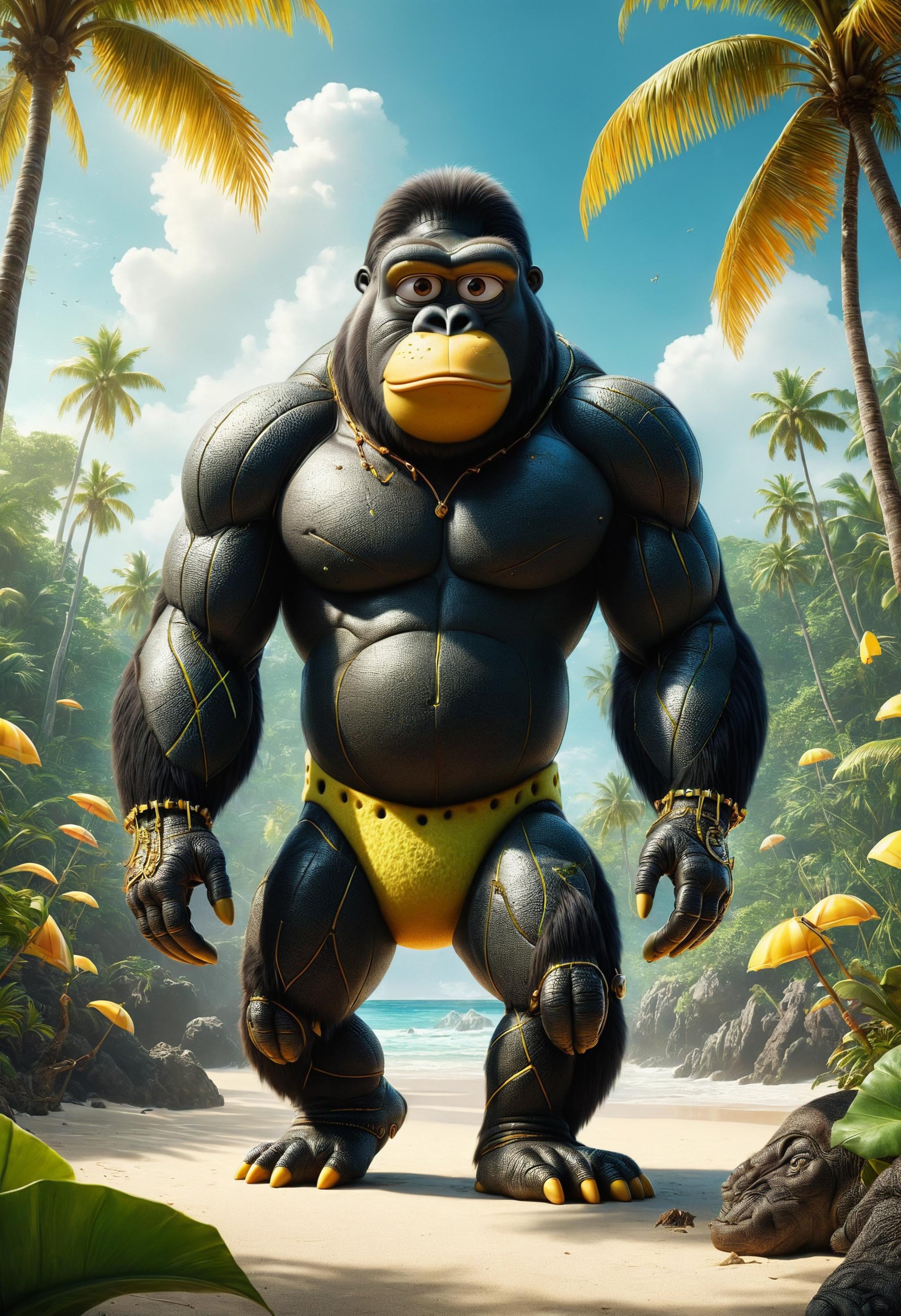 cinematic photo , anime artwork, centered, SpongeBob with gorilla DNA, resulting in a new character that embodies elements of both, dynamic pose, full body shot, hybrid, double exposure art, background: tropical island, depth of field, full color, photorealistic, hyper realistic, highly detailed, pro vector, bright colors, shiny, fractal details, art by j.c. leyendecker, 35mm photograph, film, bokeh, professional, 4k, highly detailed <lora:dvr-lthr-sdxl:1> dvr-lthr