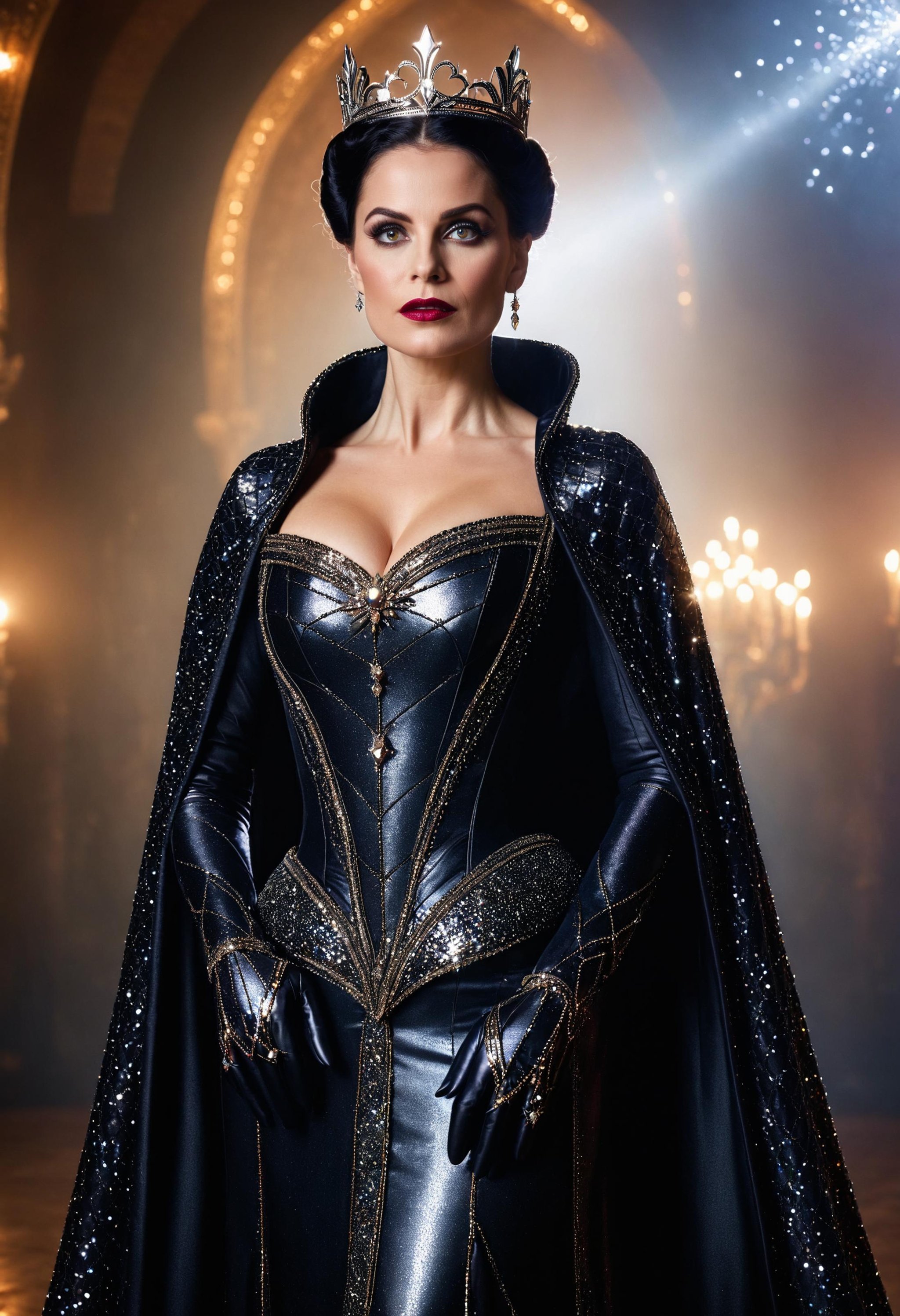 evil queen wearing war ballgown, gloves, full length cloak, (hexagon pattern), (sparkles, sparkling, sparkling eyes), sharp focus, (glossy clothing, glittering fabric), <lora:dvr-lthr-sdxl:1> dvr-lthr