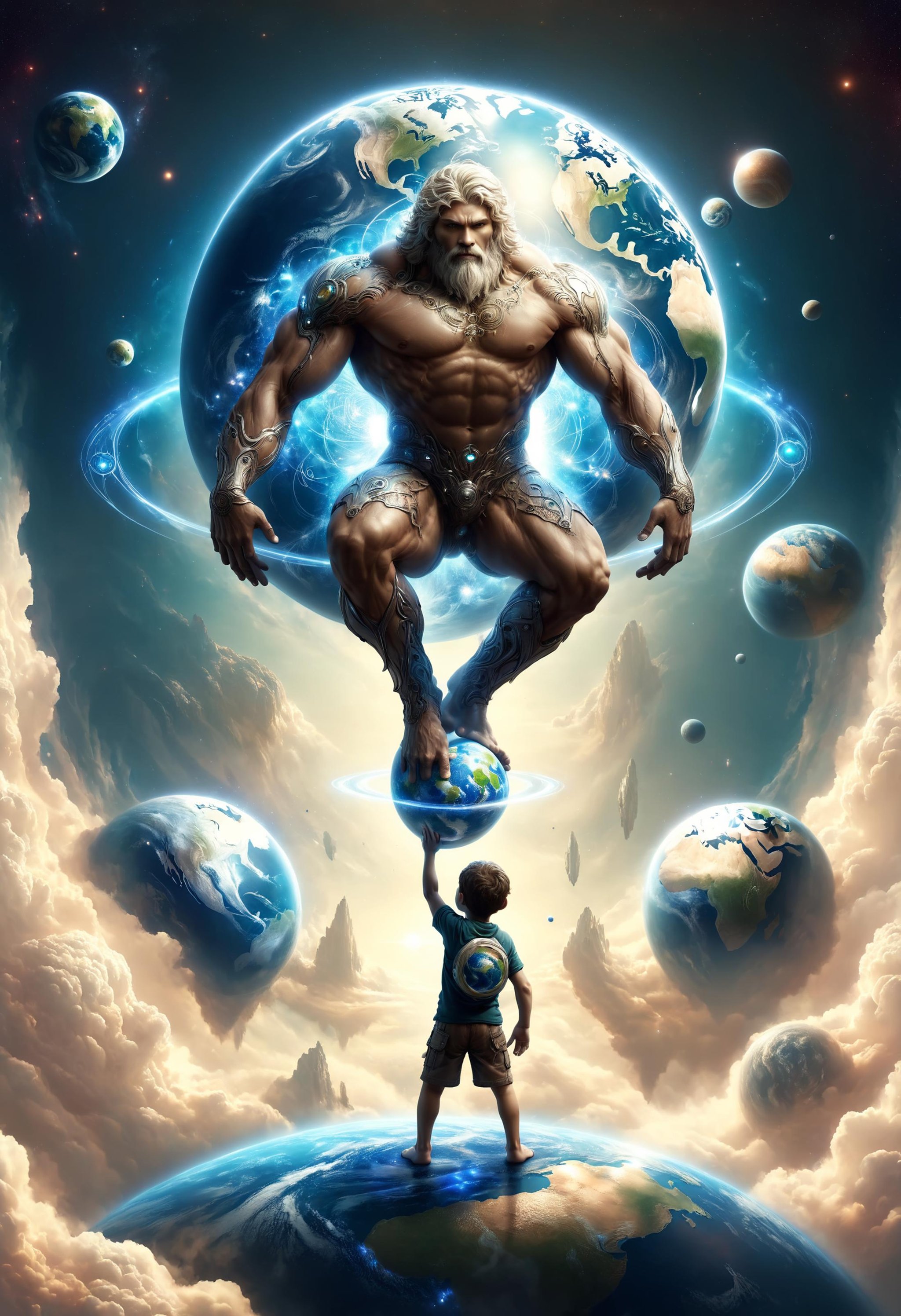 concept art , 1boy, 1planet, sculpture of the titan Atlas bending forward and squatting carrying planet Earth on his back, hands up, simple background . digital artwork, illustrative, painterly, matte painting, highly detailed<lora:dvr-hgh-fnt:0.8> dvr-hgh-fnt