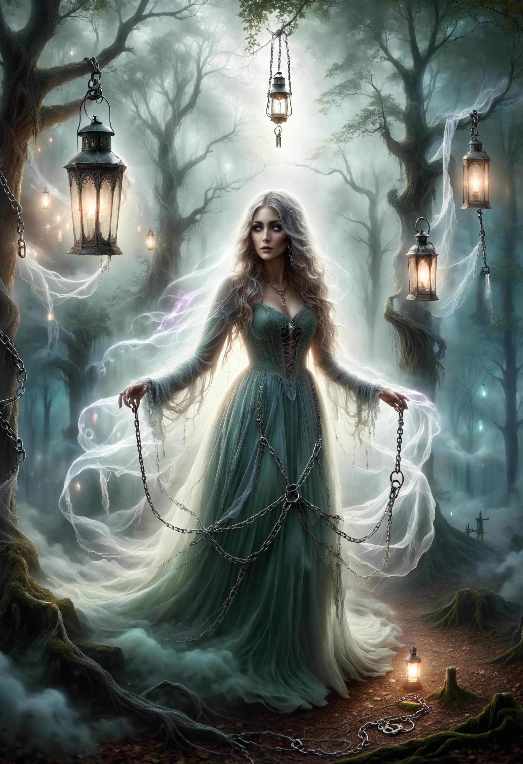 Victorian-era ghostly apparition, long flowing tattered gown, spectral appearance, vintage lantern, chains, shackles, eerie, spooky, ethereal, misty forest, haunted vibe<lora:dvr-hgh-fnt:0.8> dvr-hgh-fnt