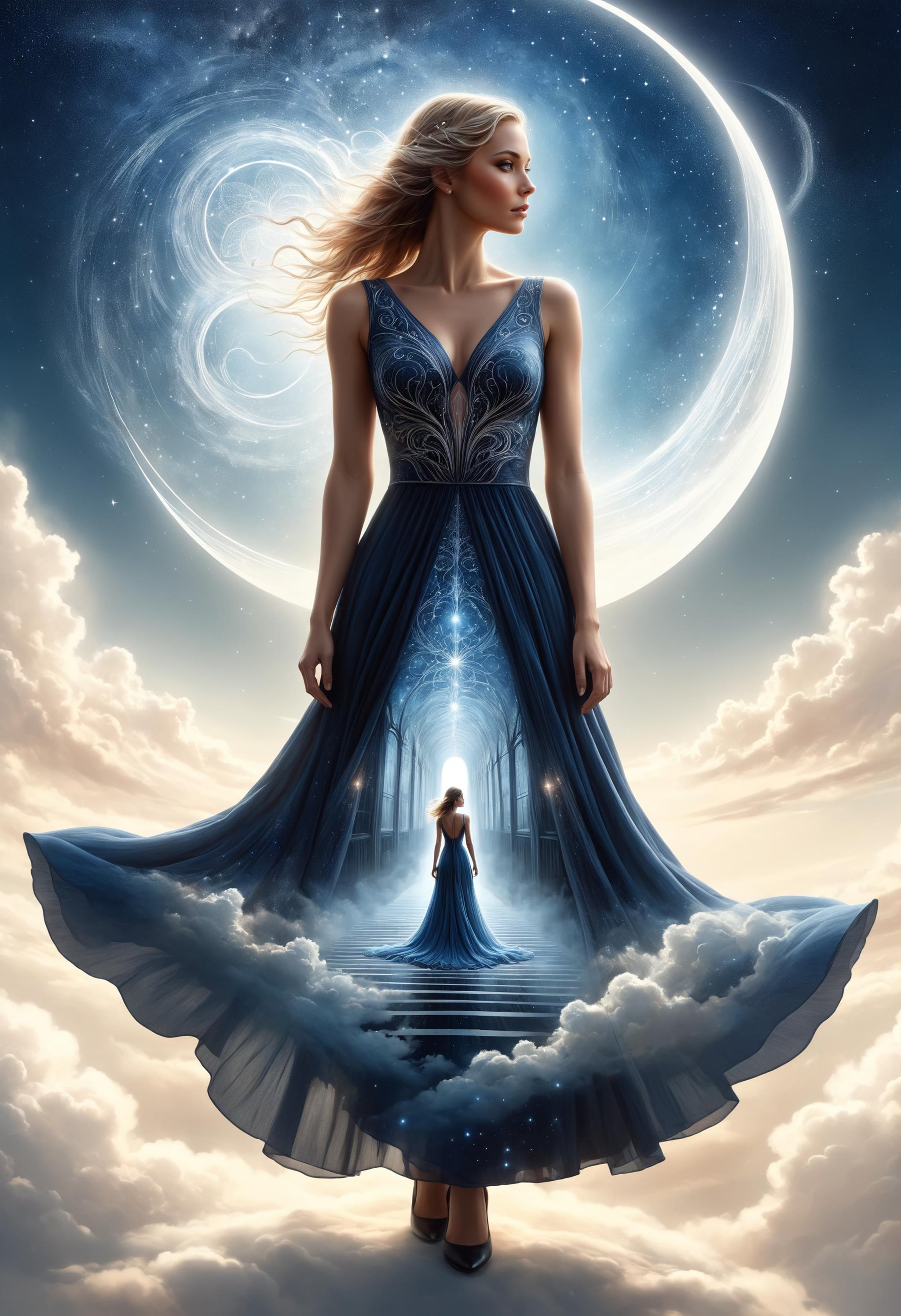 a woman with a long dress, clothing cutout,  double exposure, scratchboard illustration, high quality, beautiful, highly detailed, 8k, fantasy, celestial, aethereal, style of Andy Fairhurst and Nicolas Delort and Becky Cloonan<lora:dvr-hgh-fnt:0.5> dvr-hgh-fnt