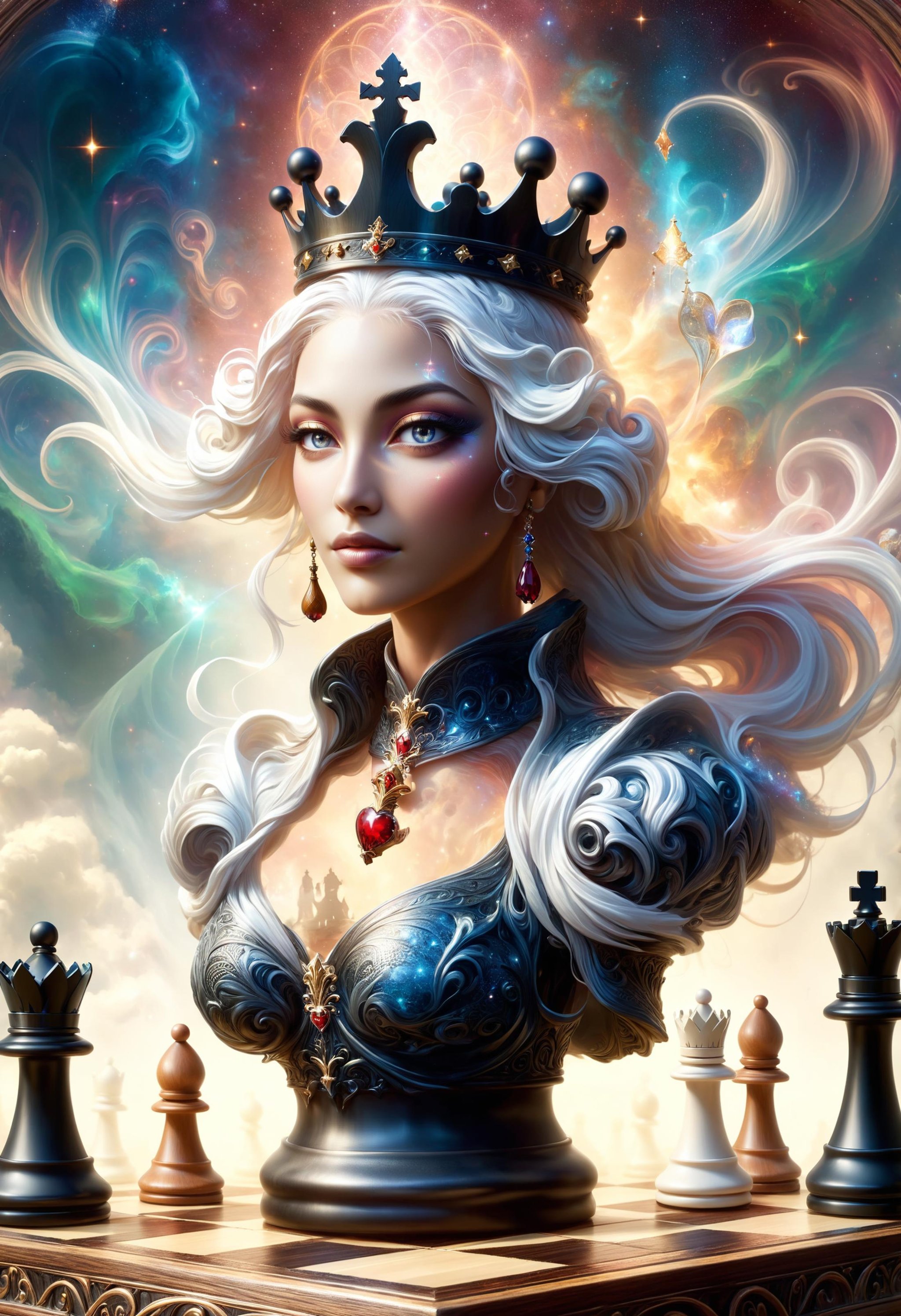 ethereal fantasy concept art of an ebony and boxwood wooden chess board, extreme close up of a [queen chess piece : queen chess piece as the Queen of Hearts, upper body : 5] . magnificent, celestial, ethereal, painterly, epic, majestic, magical, fantasy art, cover art, dreamy<lora:dvr-hgh-fnt:0.8> dvr-hgh-fnt