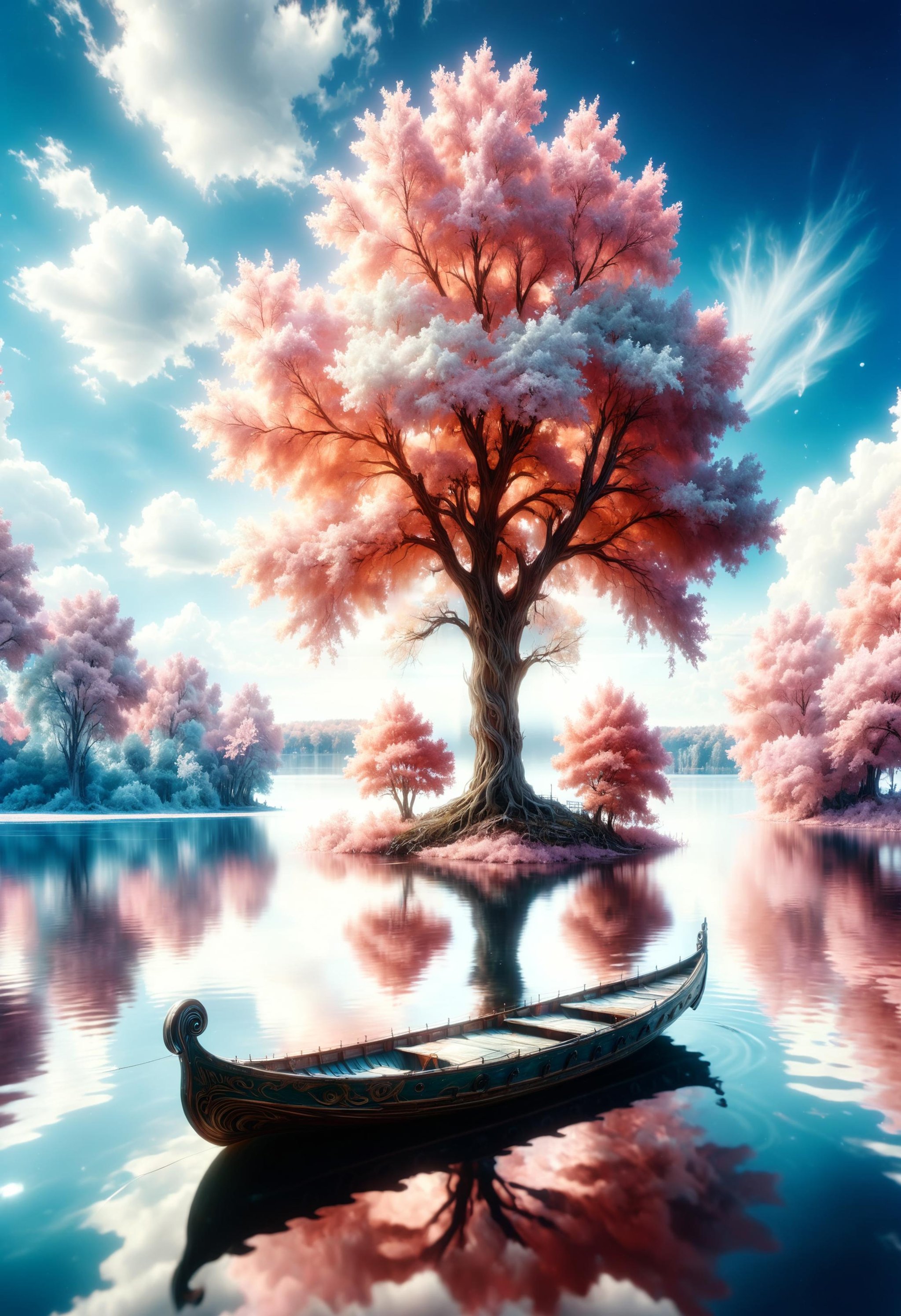 cinematic photo , infrared photography, lake, ripples, off-center large tree, clouds, boat, chaotic composition, high contrast, water reflection shows a different reality, 35mm photograph, film, bokeh, professional, 4k, highly detailed<lora:dvr-hgh-fnt:0.8> dvr-hgh-fnt