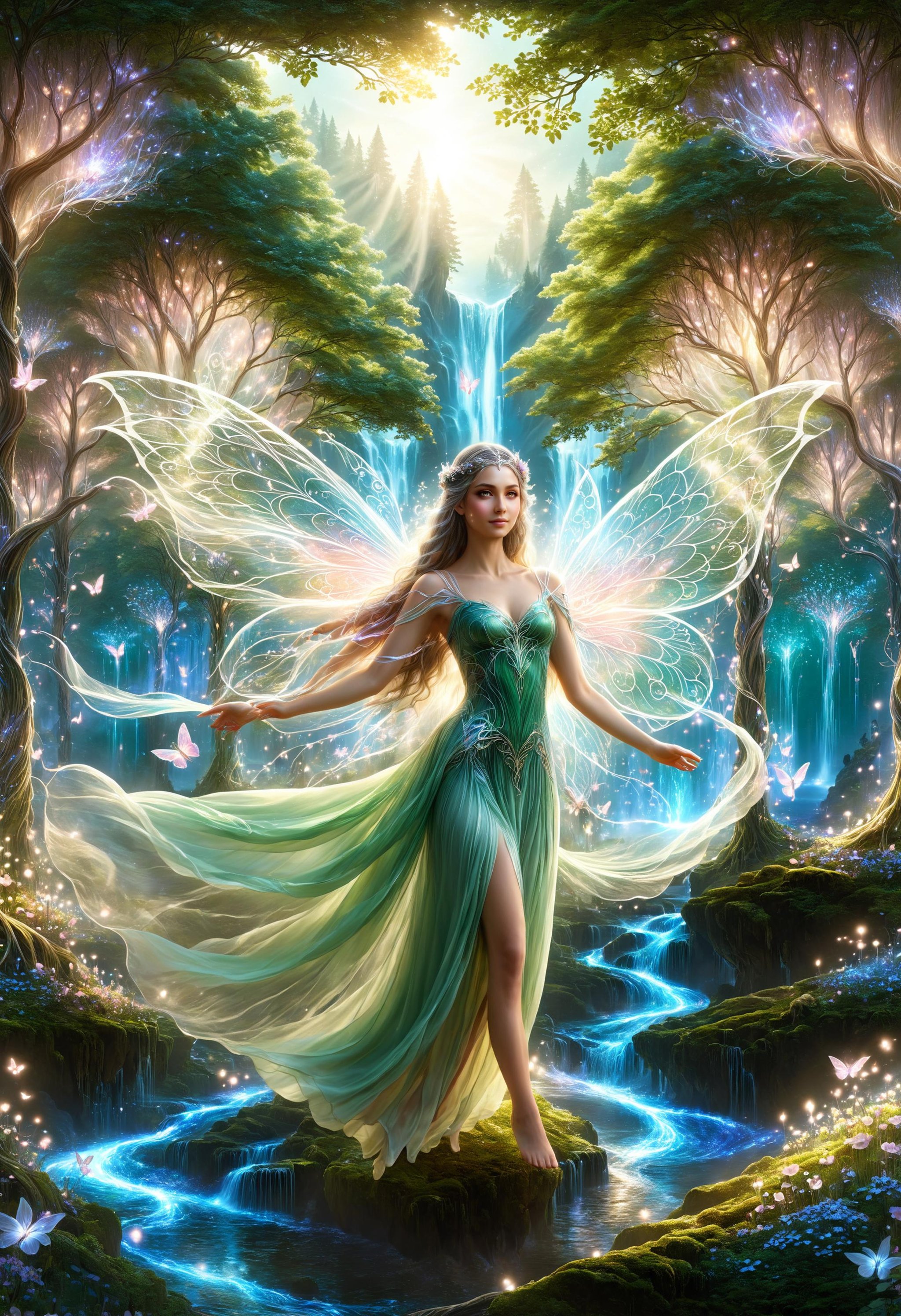 translucent energy burst wings fairy princess fluttering around and blending with the surroundings in a long flowing wavy dress, high fantasy image of an ethereal elvish forest, glowing flowers and bioluminescent trees, distant waterfall, serene ambiance <lora:dvr-hgh-fnt:0.8> dvr-hgh-fnt