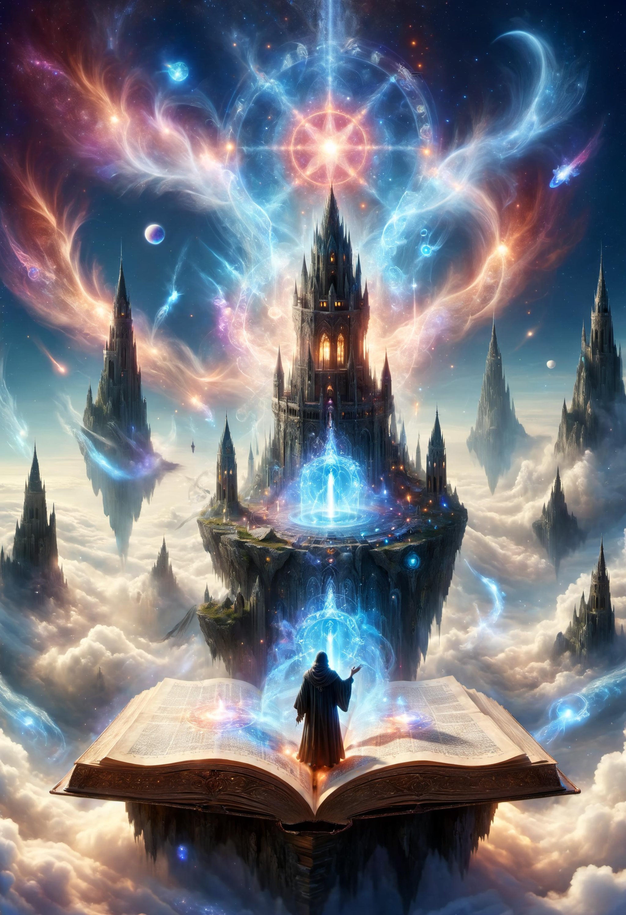 a sorcerer silhouette surrounded by arcane artifacts rises from the pages of an ancient book inside a towering spire built atop a high cliff, overlooking a sea of clouds under a night sky, a comet illuminates the sky,, cosmic display, intergalactic entendre, visual orgasm <lora:dvr-hgh-fnt:0.8> dvr-hgh-fnt