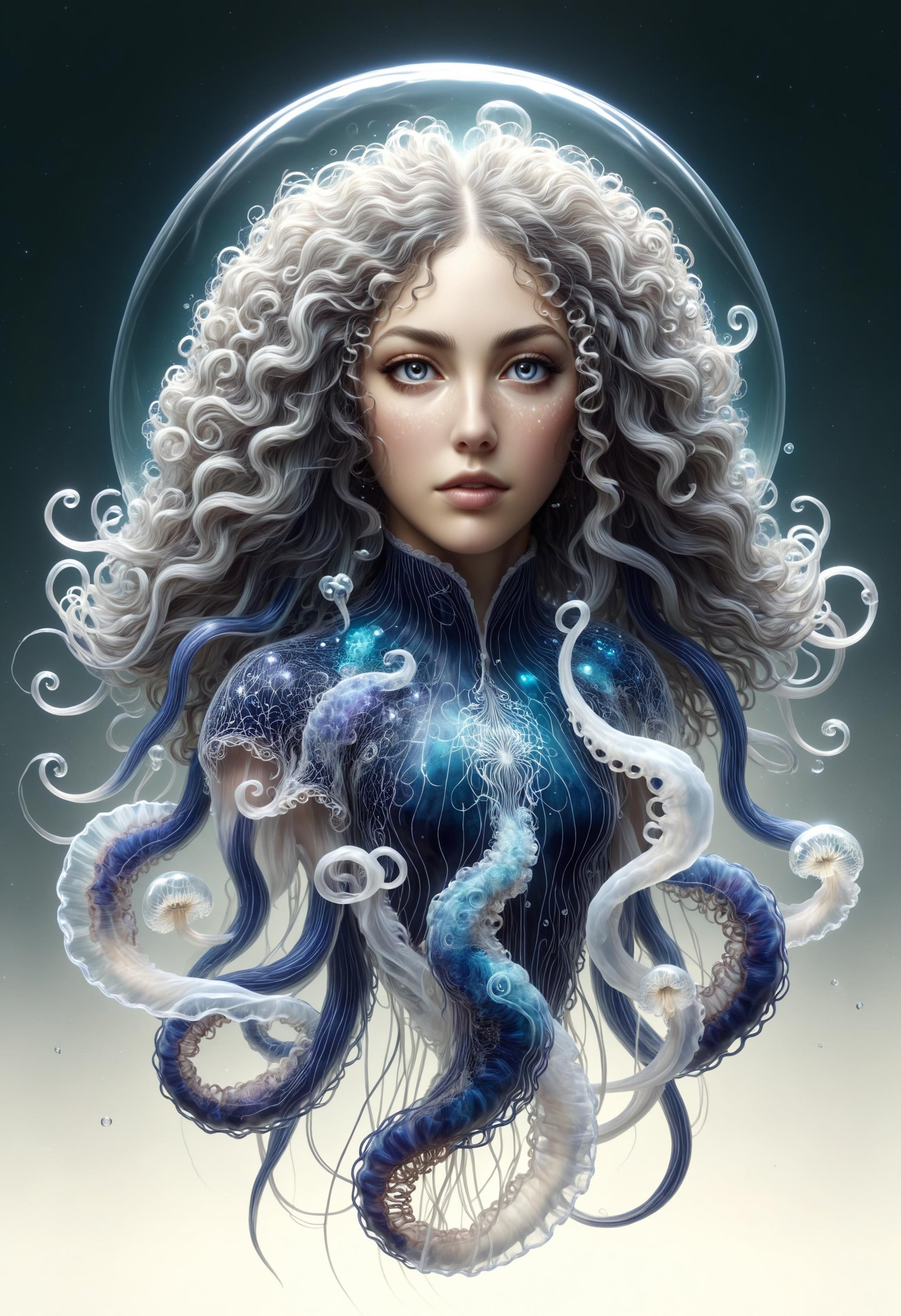 black and white jellyfish with (curly hair:1.2), trending on artstation, intricate artwork by Dan Hillier and Greg Rutkowski, octane render, hyperrealism, professionally color graded<lora:dvr-hgh-fnt:0.8> dvr-hgh-fnt