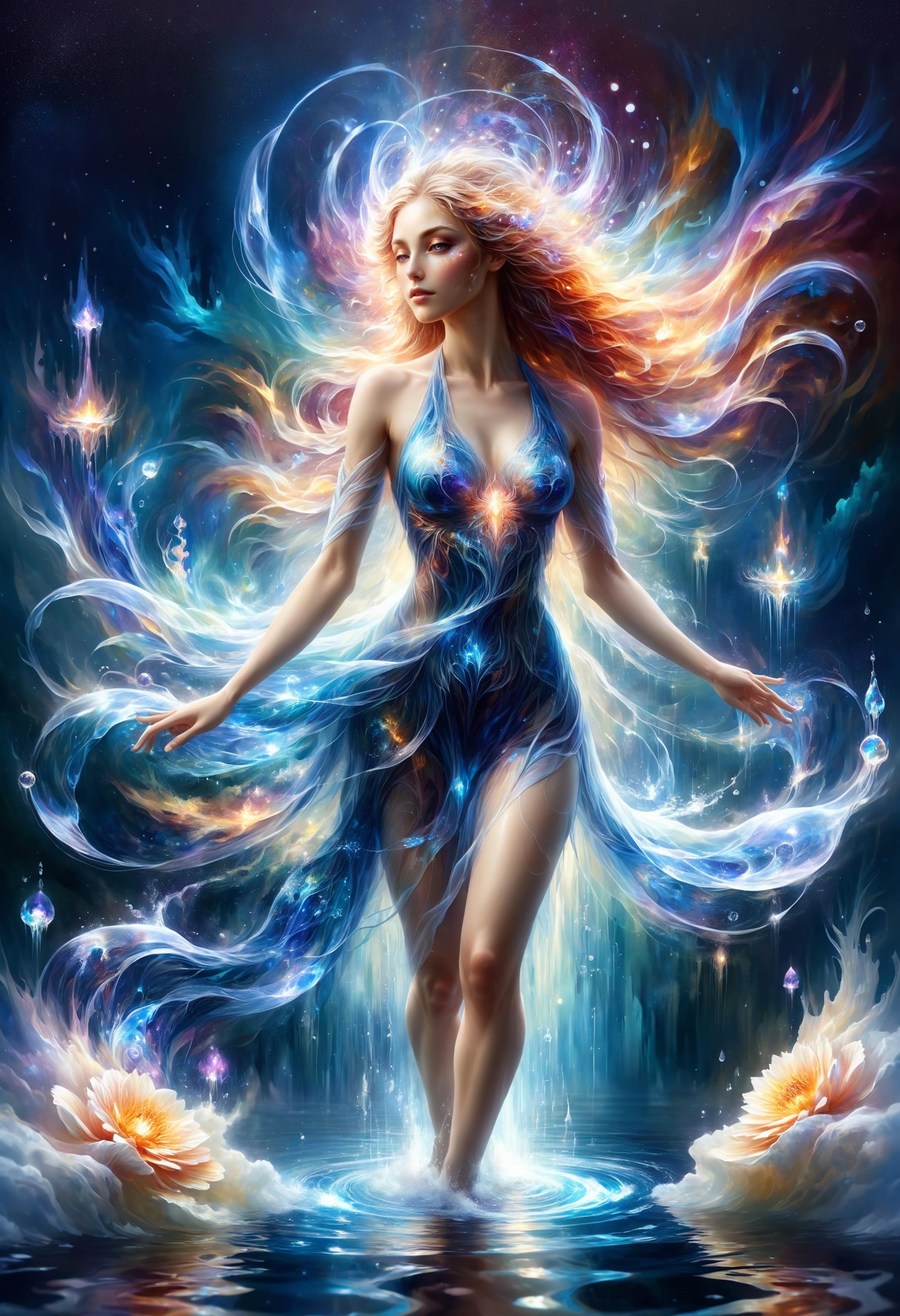 ethereal fantasy concept art of a [water elemental | woman] touching water surface, chaotic resonance, microdisplacement, watercore, bioluminescence, aetheric realm, chiaroscuro, symbolism, intricate details, style of (Leonid Afremov:1.1) and Anna Dittmann, magnificent, celestial, ethereal, painterly, epic, majestic, magical, fantasy art, cover art, dreamy<lora:dvr-hgh-fnt:0.8> dvr-hgh-fnt