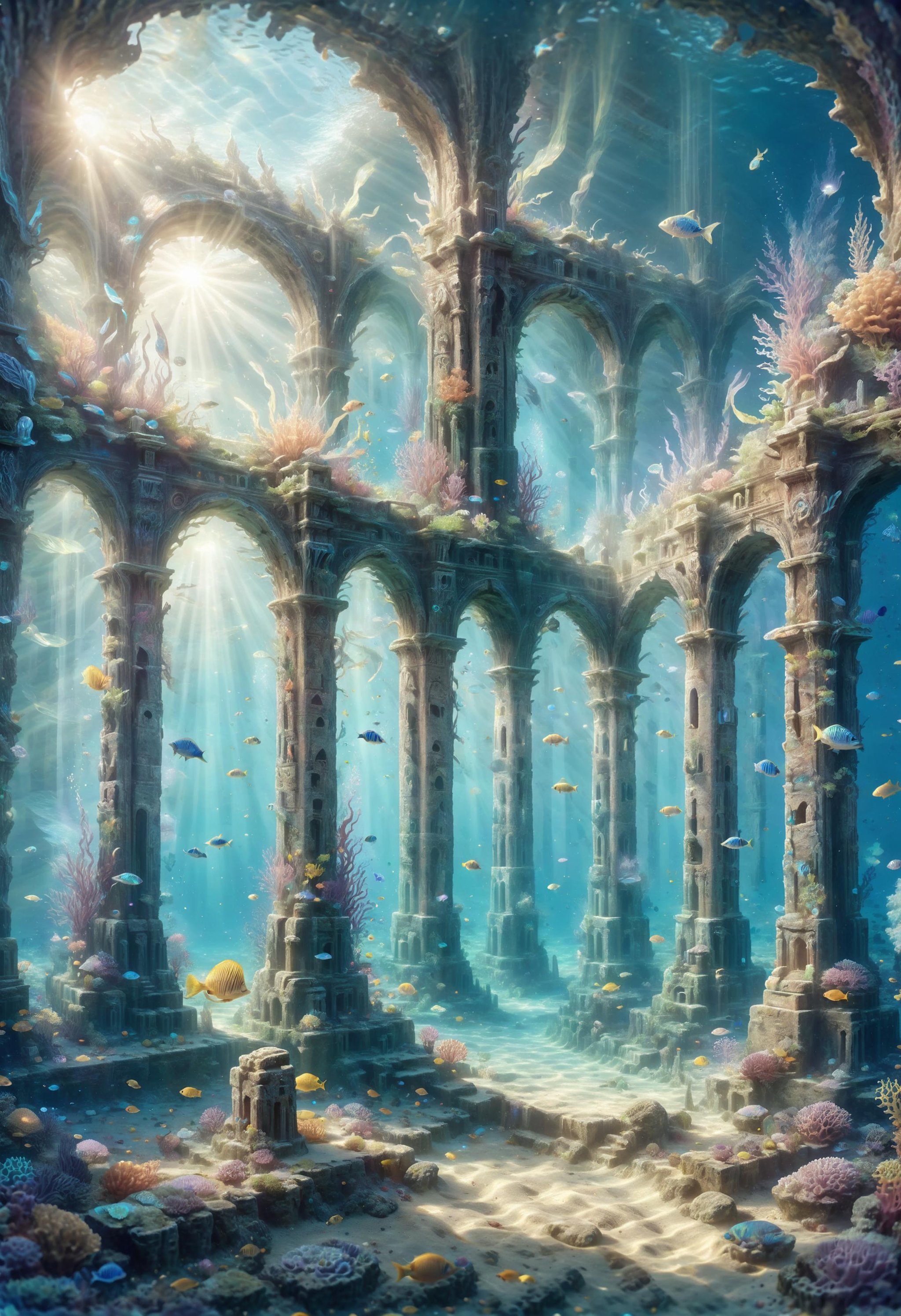 underwater scene, ancient ruins of a merfolk civilization, diagonal god rays, coral structures, stone buildings, colorful fish, lost civilization ruins, sea creatures in underwater gardens, soft glow, filtered surface light <lora:dvr-hgh-fnt:0.8> dvr-hgh-fnt