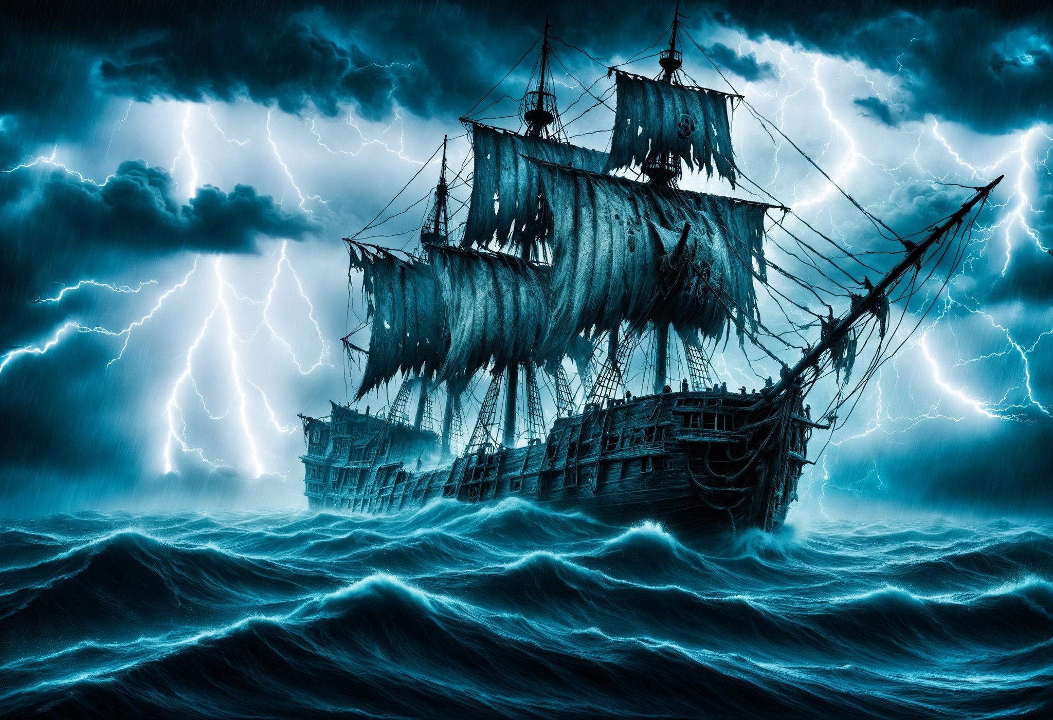 A ghostly ship sails under a stormy sky, its tattered sails illuminated by occasional lightning strikes, creating a haunting and dramatic scene on the dark waters <lora:dvr-mthng-sdxl:0.8> dvr-mthng-sdxl