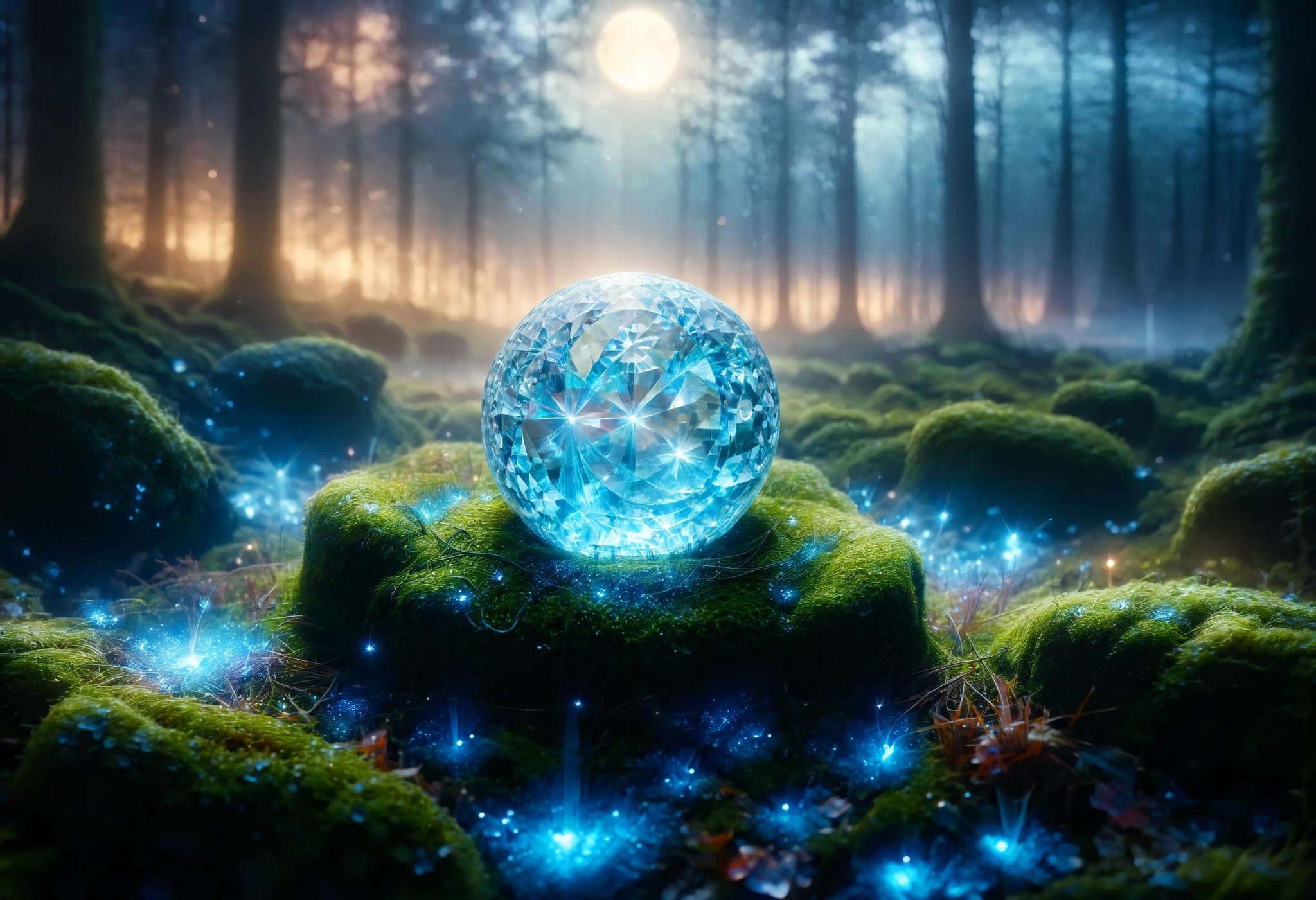 A close-up of an enchanted pendant lying on a bed of moss, under a full moon. The pendant glows with a soft blue light, casting mystical patterns on the moss around it <lora:dvr-mthng-sdxl:1> dvr-mthng-sdxl