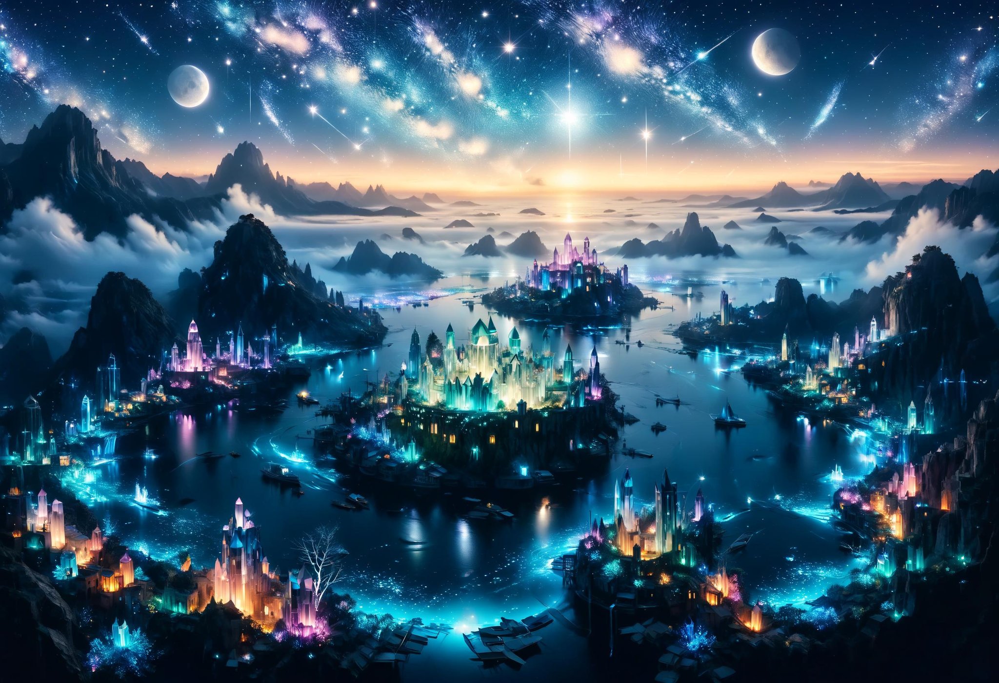 A nightscape featuring floating islands drifting in a star-filled sky. Each island carries a piece of a lost magical realm, complete with castles and glowing waterfalls <lora:dvr-mthng-sdxl:0.8> dvr-mthng-sdxl