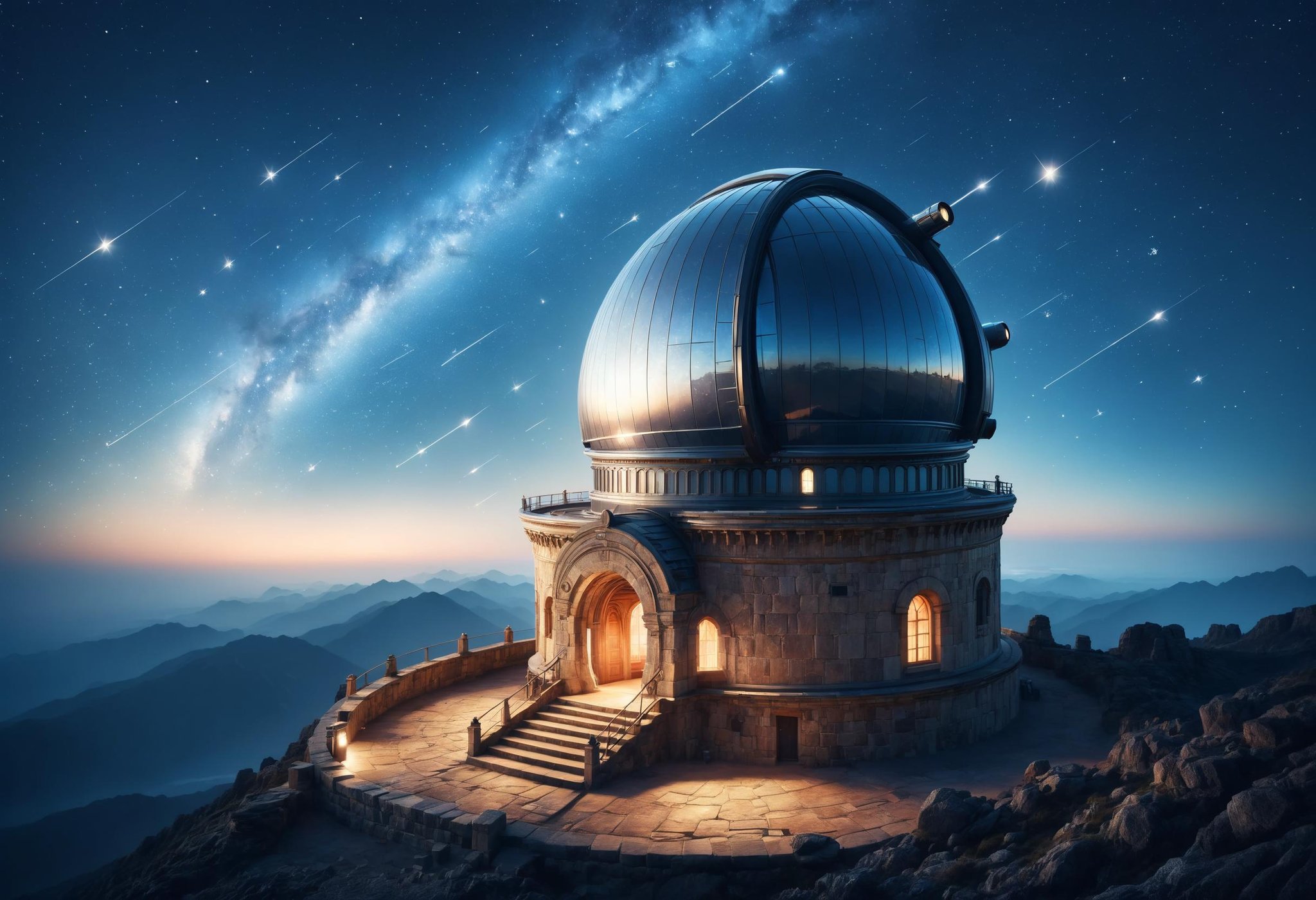 A view of a celestial observatory on a high mountain peak, under a canopy of stars. Astronomers observe the night sky, surrounded by ancient telescopes and star charts <lora:dvr-mthng-sdxl:0.8> dvr-mthng-sdxl