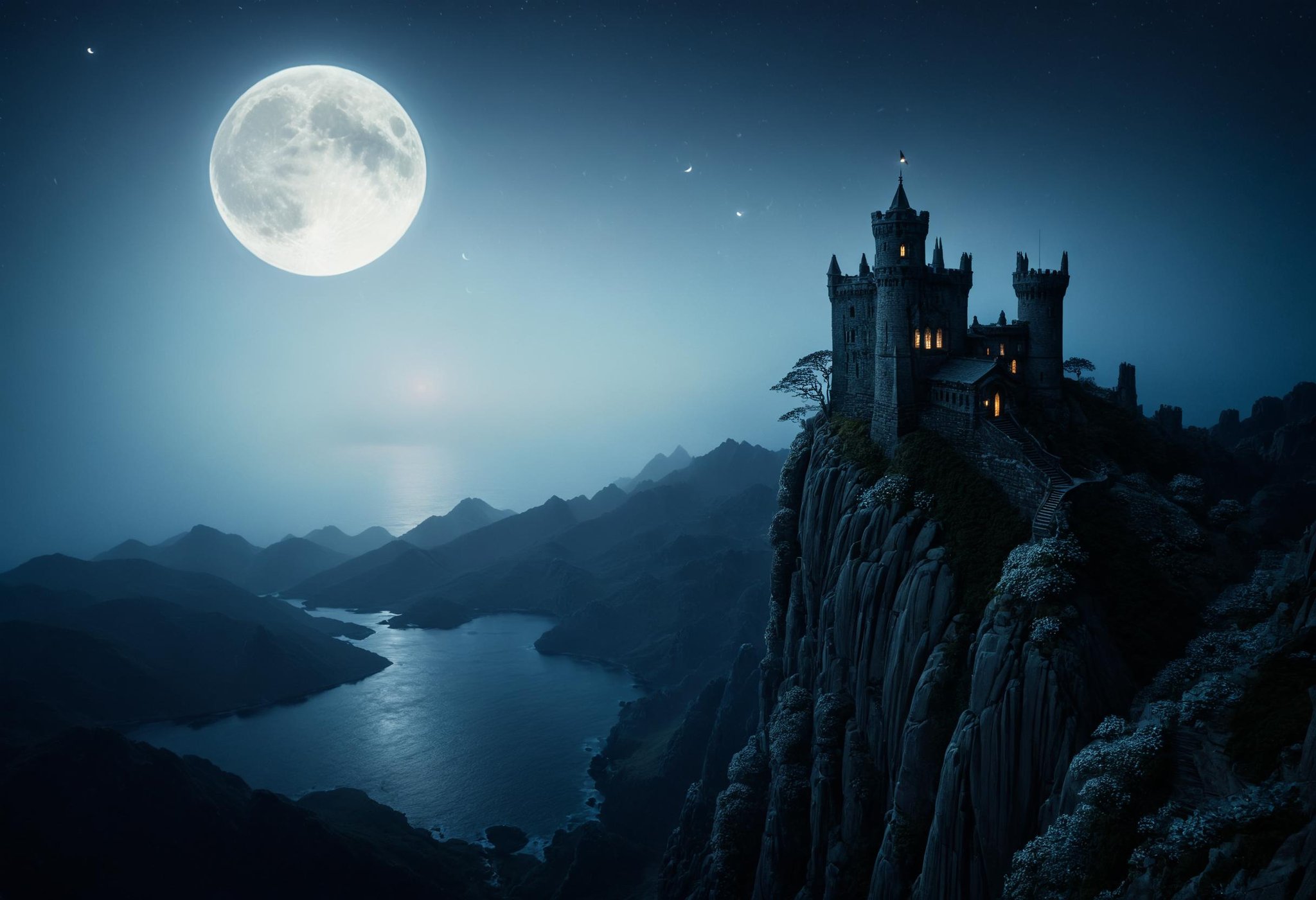 A distant view of a dragon's lair on a moonlit night, perched atop a craggy mountain. The dragon's scales reflect the moonlight, casting a formidable silhouette <lora:dvr-mthng-sdxl:0.8> dvr-mthng-sdxl