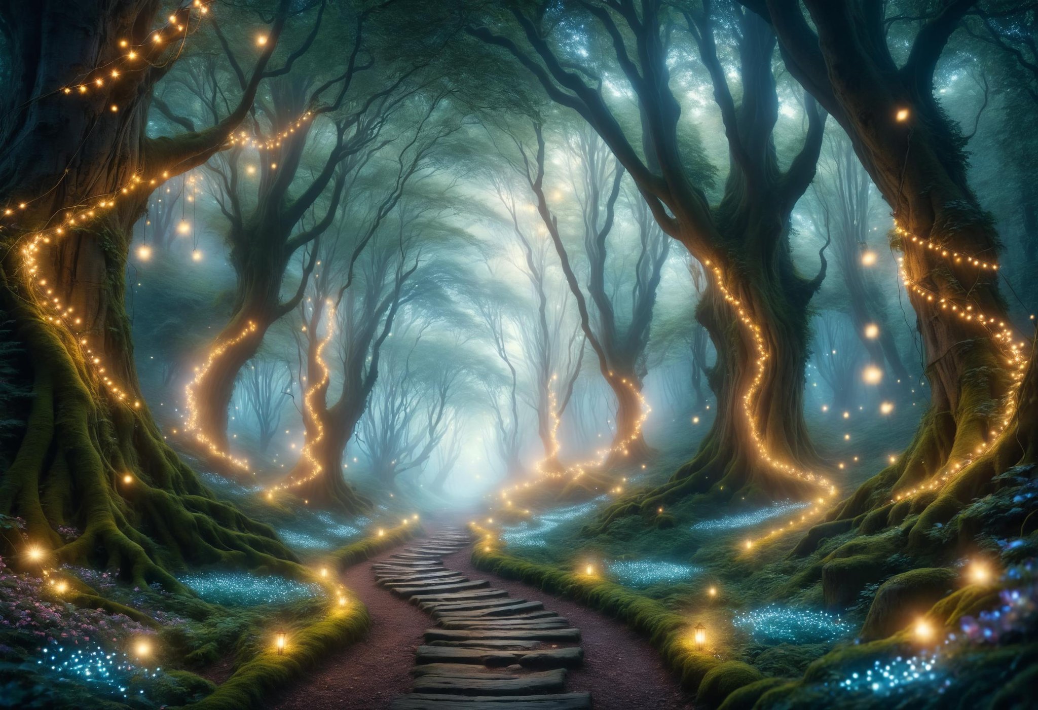 A pathway in an enchanted forest, lined with glowing stones and whispering trees. Fairy lights float through the air, guiding travelers through the mystical woods <lora:dvr-mthng-sdxl:0.8> dvr-mthng-sdxl