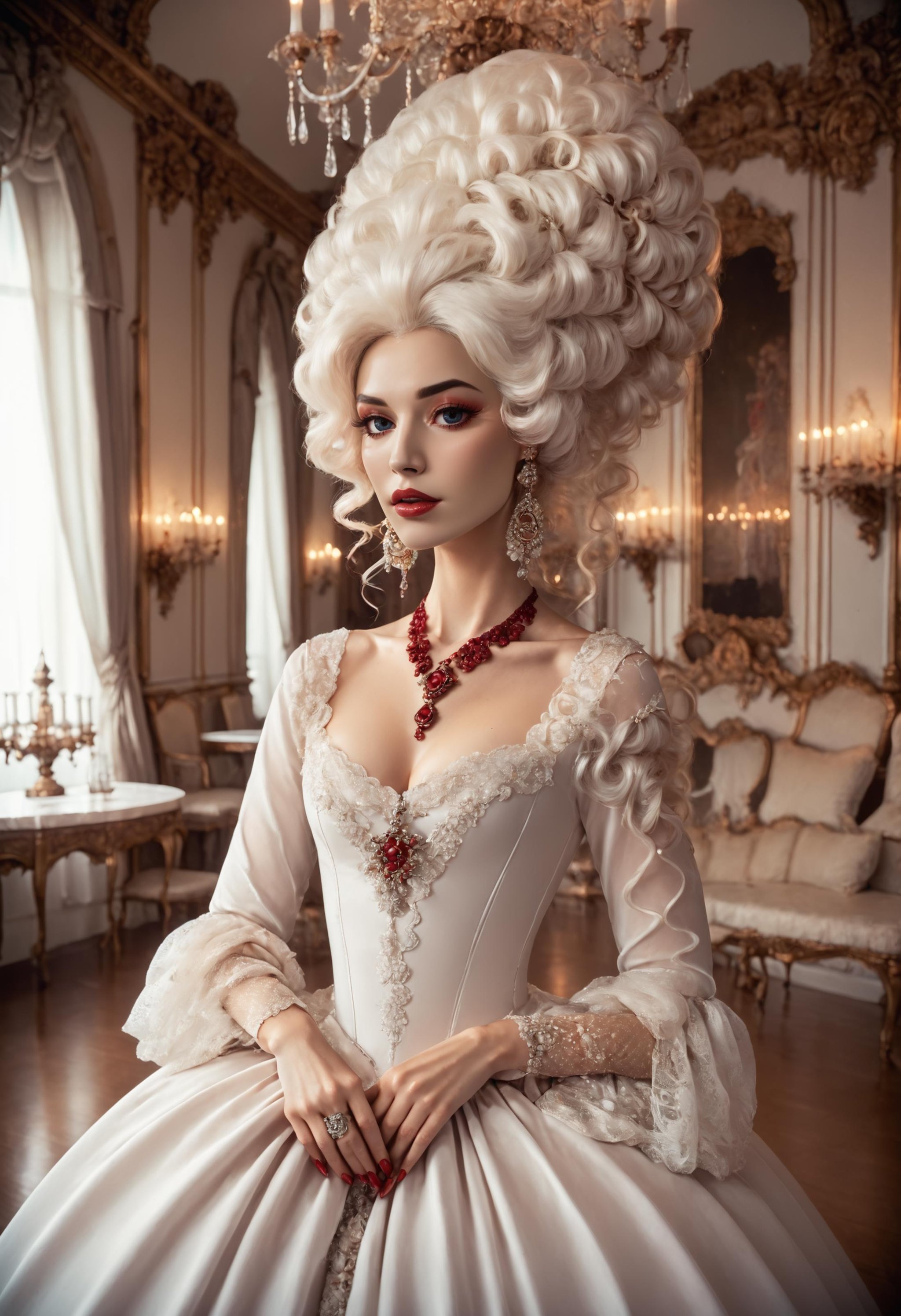 score_9, score_8_up, score_7_up, woman in a white ball dress, tall wig, red necklace, ballroom<lora:dvr-gs:1> dvr-gs