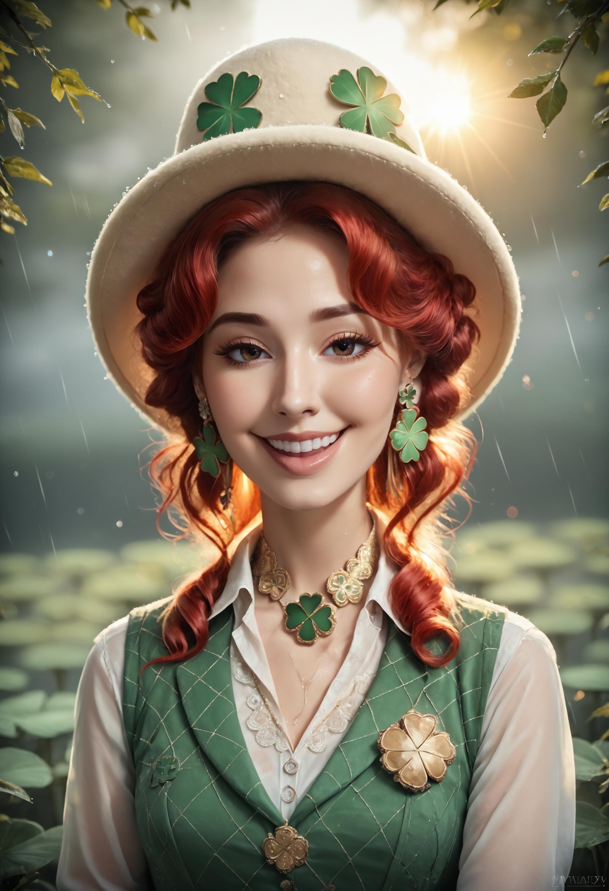 score_9, score_8_up, score_7_up, cinematic photo big smile female leprechaun, squinting, cocked hat, clovers, raining clovers, clover earrings, clover patterned vest, clover pendant, clover buttons, red hair, it's fucking clovers everywhere and it's windy, high contrast, intricate details, dynamic lighting, Photorealistic, Hyperrealistic, Hyperdetailed, analog style, detailed skin, matte skin, soft lighting, subsurface scattering, realistic, heavy shadow, masterpiece, best quality, ultra realistic, 8k, golden ratio, Intricate, High Detail, film photography, soft focus, 35mm photograph, film, bokeh, professional, 4k, highly detailed<lora:dvr-gs:0.8> dvr-gs