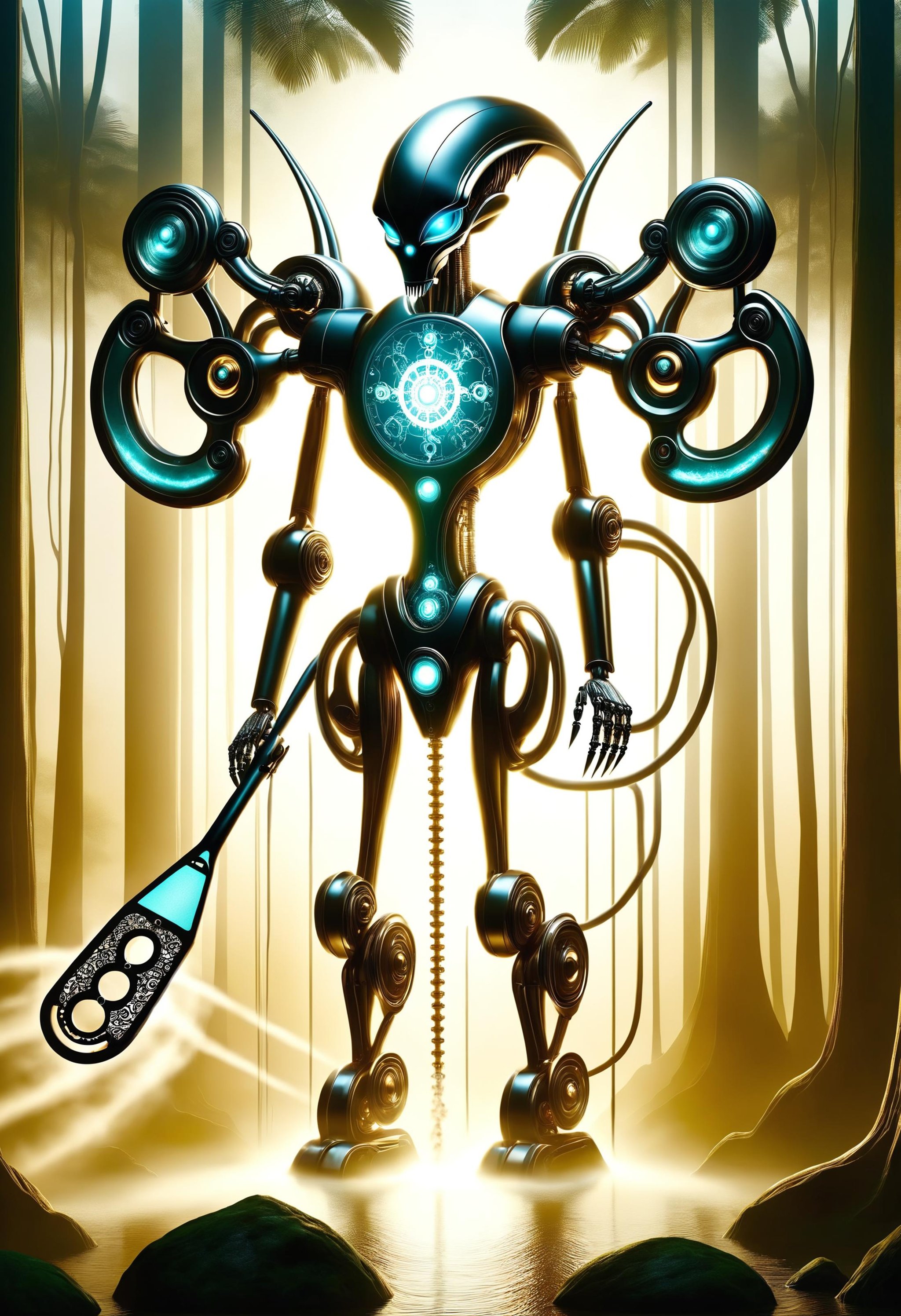 mechanized alien holding a mesmerizing omnipotent spatula of doom,  interlocking scale patterns, esterification mechanism,  echoing  x-ray effect, hollow body, compounding hydroxychloroquine cursed pattern with obsidian highlights, backlighting spotlights, hazy jungle<lora:dvr-tldr:0.8> dvr-tldr