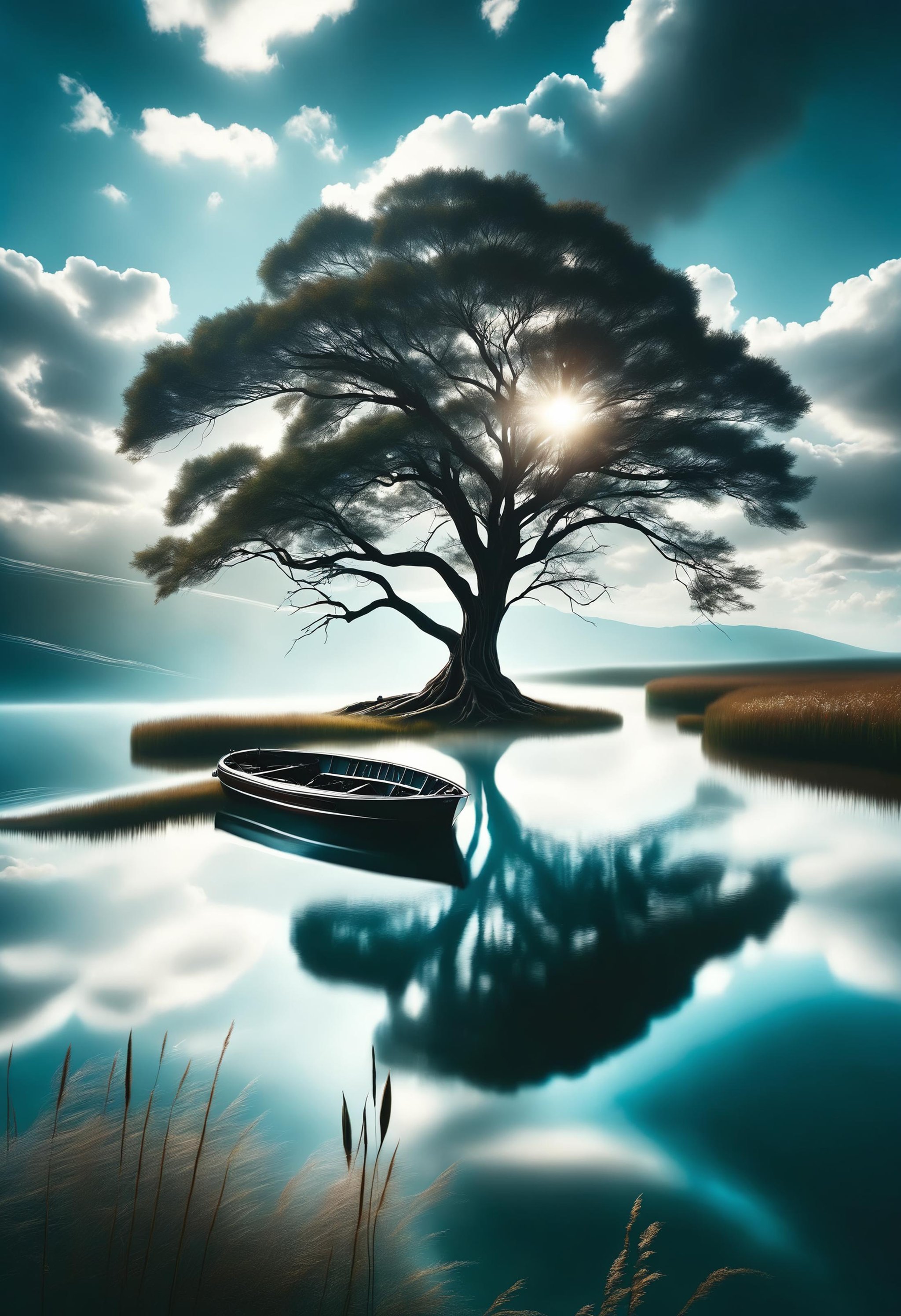 cinematic photo, lake, ripples, off-center large tree, clouds, boat, chaotic composition, high contrast, water reflection shows a different reality, 35mm photograph, film, bokeh, professional, 4k, highly detailed<lora:dvr-tldr:0.8> dvr-tldr