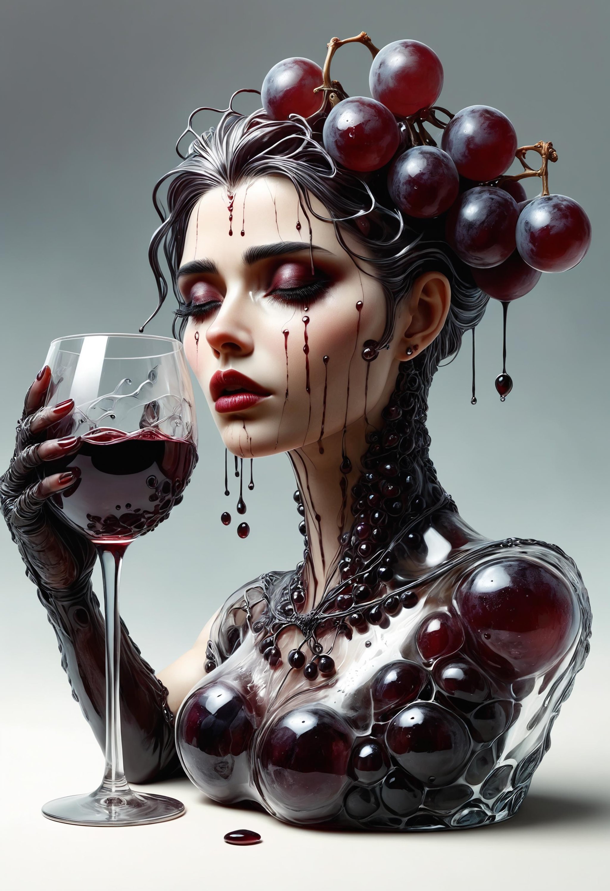 a stylish glass of red wine stylized as a delicate goth woman bust made of grapes and despair, tears dropping in the glass, style of Luis Royo<lora:dvr-cl-dvsn:0.8> dvr-cl-dvsn