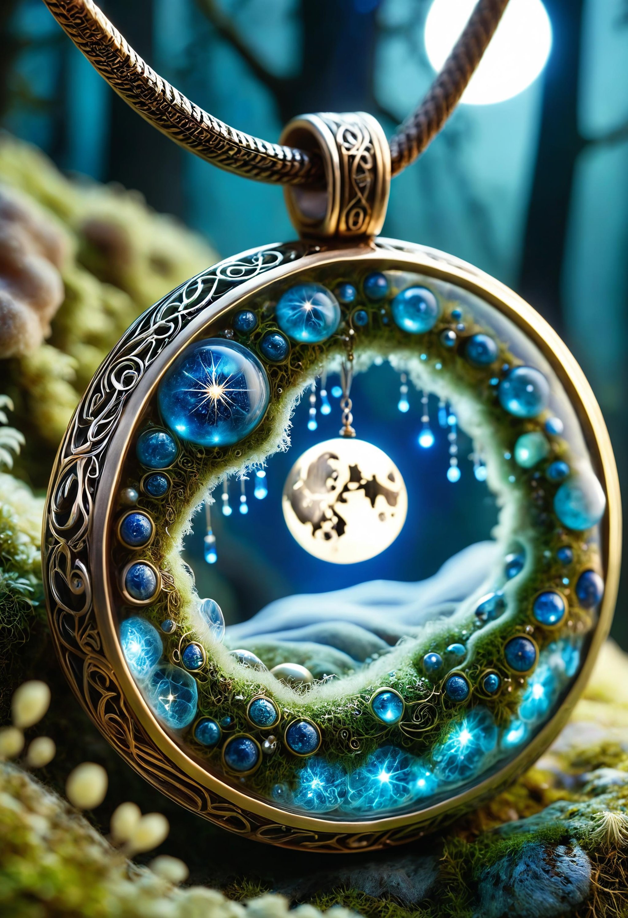 A close-up of an enchanted pendant lying on a bed of moss, under a full moon. The pendant glows with a soft blue light, casting mystical patterns on the moss around it<lora:dvr-cl-dvsn:0.8> dvr-cl-dvsn