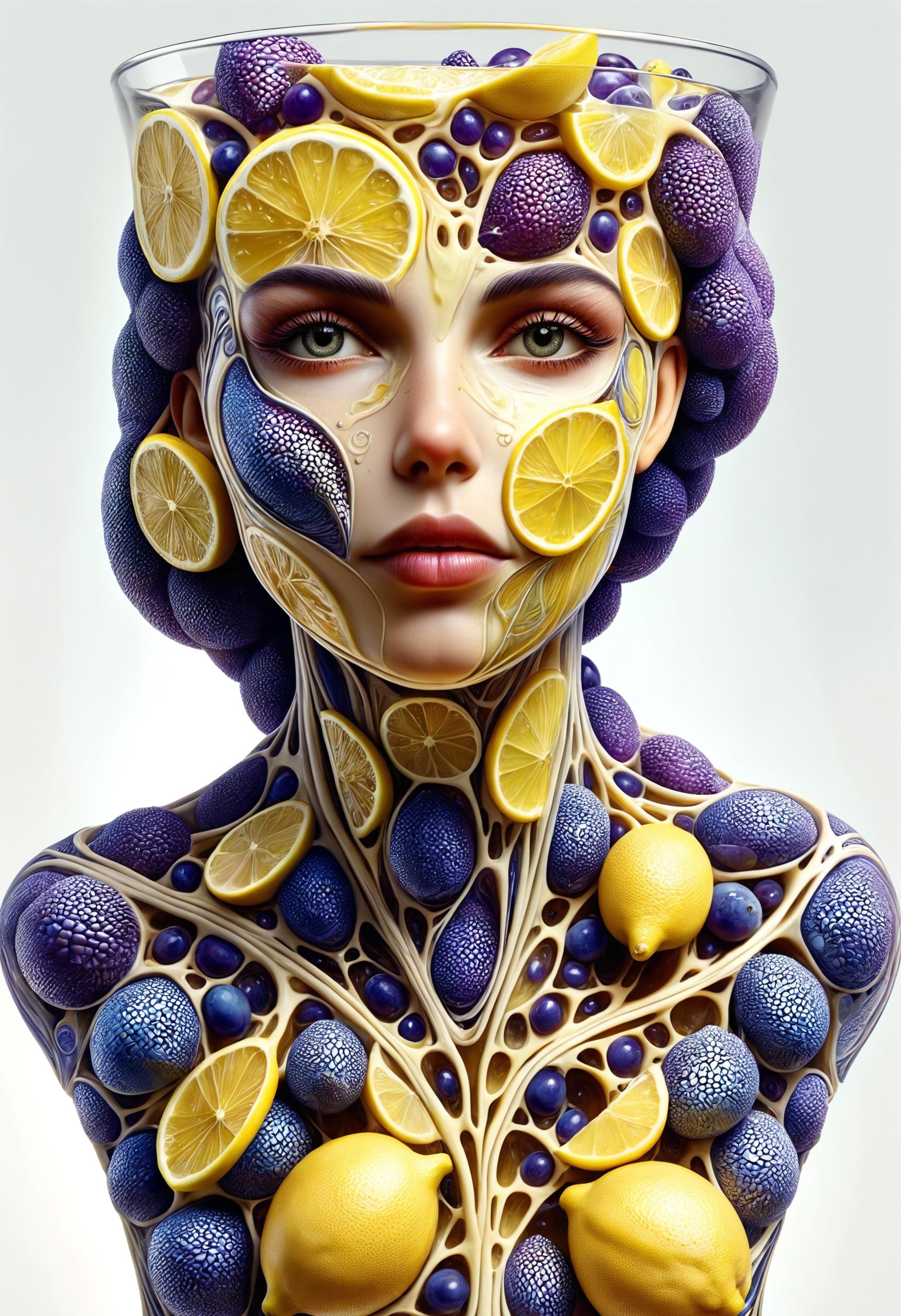 a large glass of lemonade stylized as a thin woman bust made of lemon and grape scales, style of Alex Grey<lora:dvr-cl-dvsn:0.8> dvr-cl-dvsn