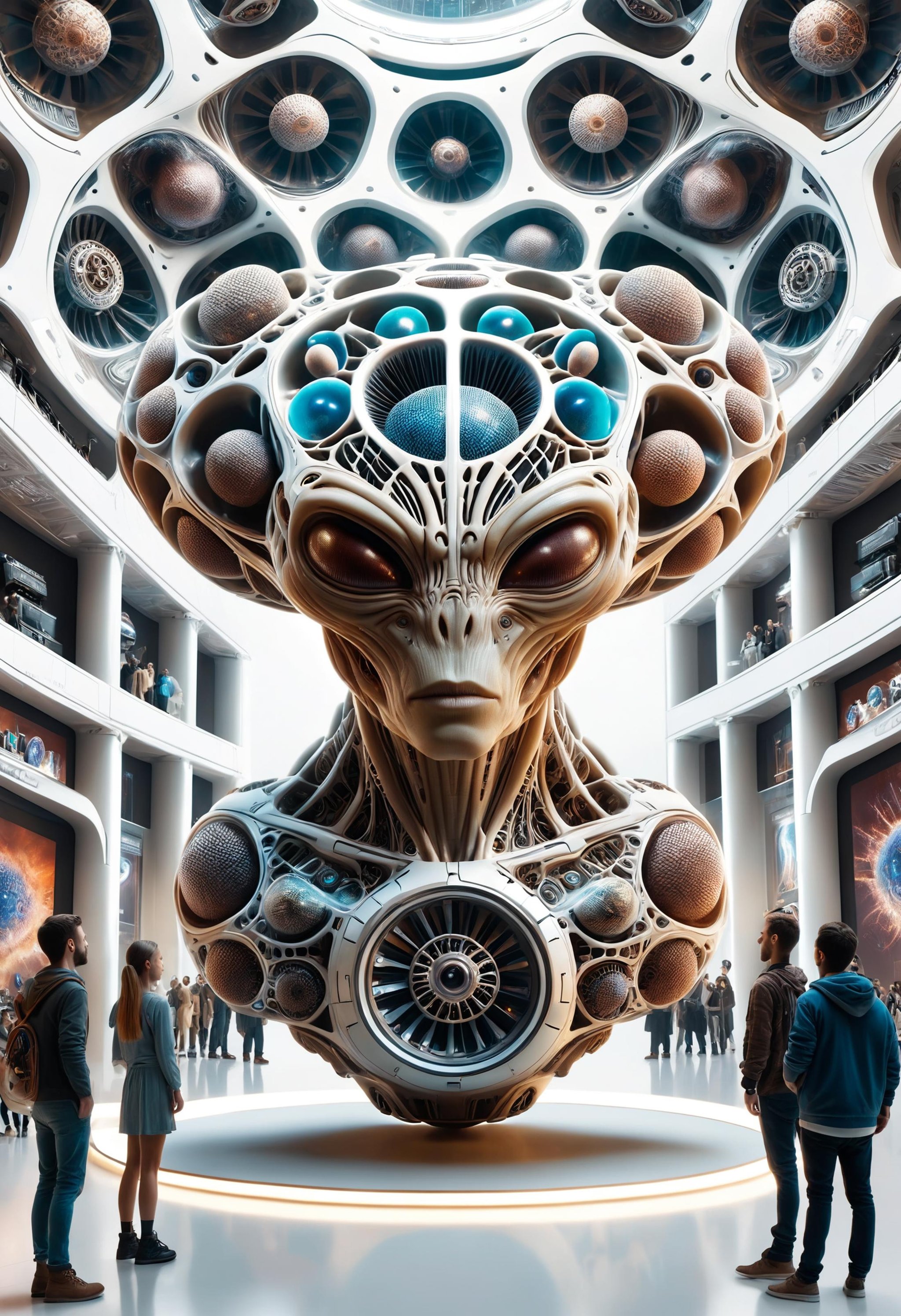 a futuristic alien v8 engine sculpture floats above a digital art display surrounded by curious people, perfect symmetry in the style of ryan putnam<lora:dvr-cl-dvsn:0.8> dvr-cl-dvsn