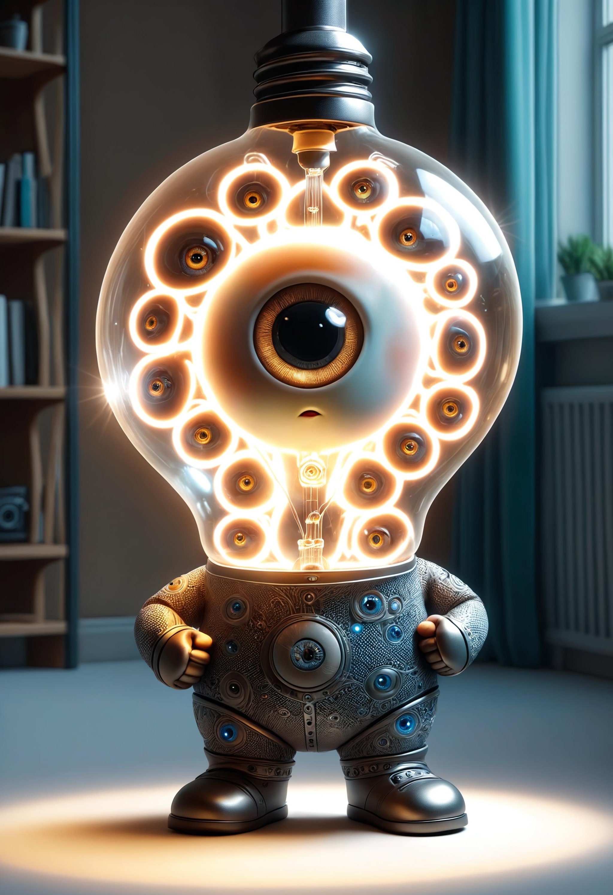 a lightbulb with eyes, hands on waist, light on, god rays, closeup cute and adorable, cute big circular reflective eyes, Pixar render<lora:dvr-cl-dvsn:1> dvr-cl-dvsn