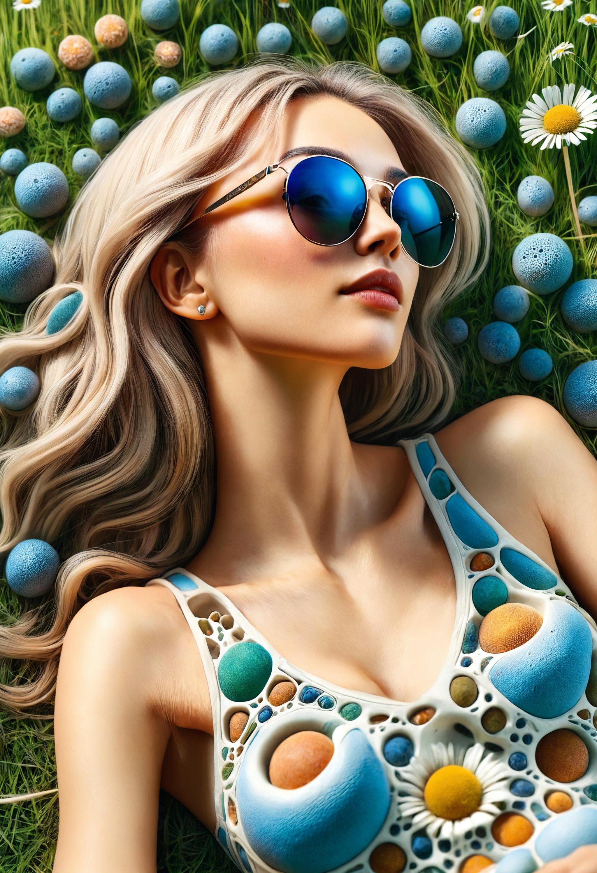 a beautiful woman wearing sunglasses lying on the grass in a serene meadow <lora:dvr-cl-dvsn:1> dvr-cl-dvsn