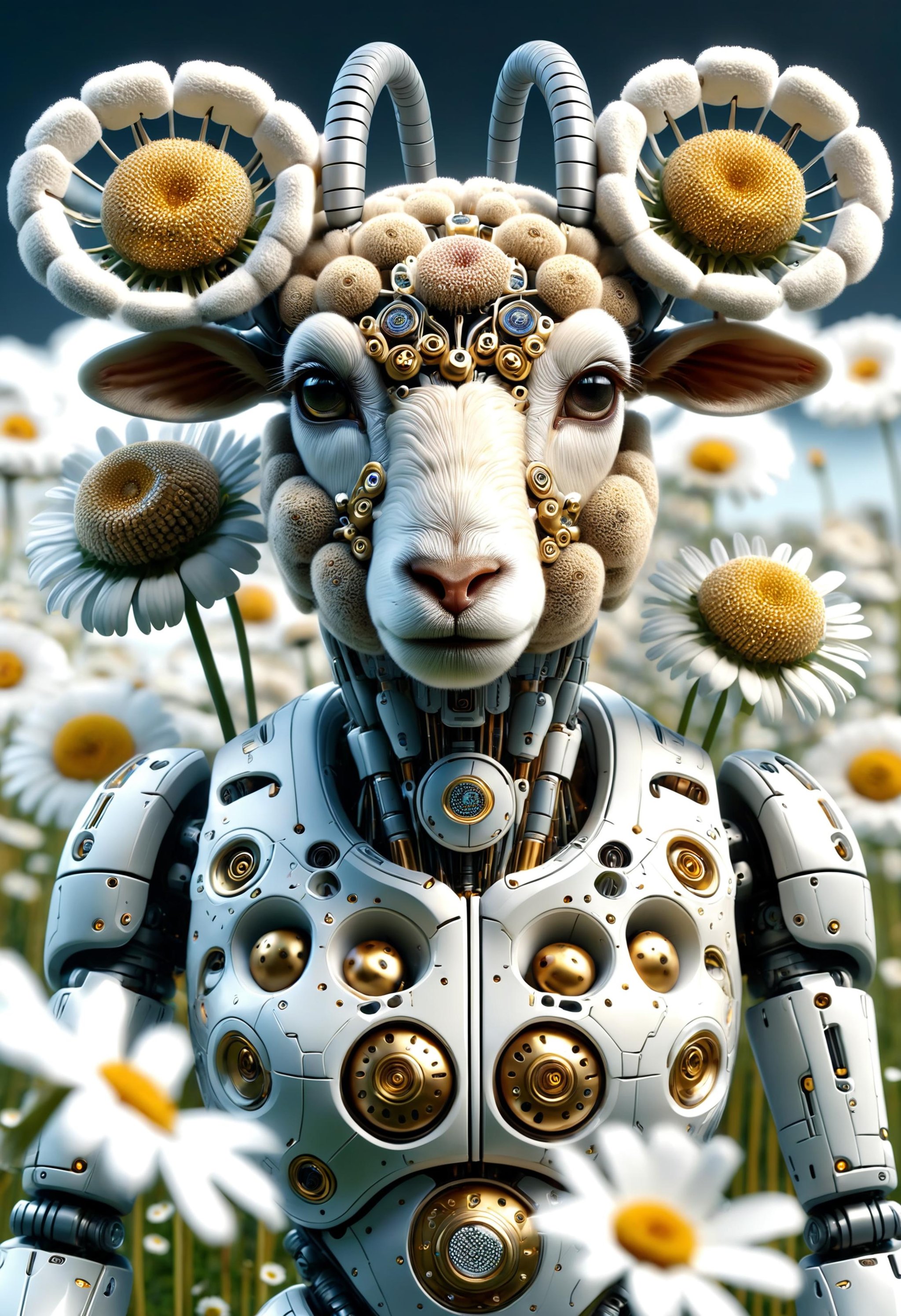 cybernetic organism, mechanical robot inspired by a sheep and a missile in a field of daisies, symmetrical, front facing, 3 d model, very coherent symmetrical artwork, unreal engine realistic render, 8 k, micro detail, white ceramic material and clear glass with gold accents, iridescent black background, intricate, elegant, highly detailed, high contrast, digital painting, artstation, smooth, sharp focus, illustration, artgerm <lora:dvr-cl-dvsn:0.8> dvr-cl-dvsn