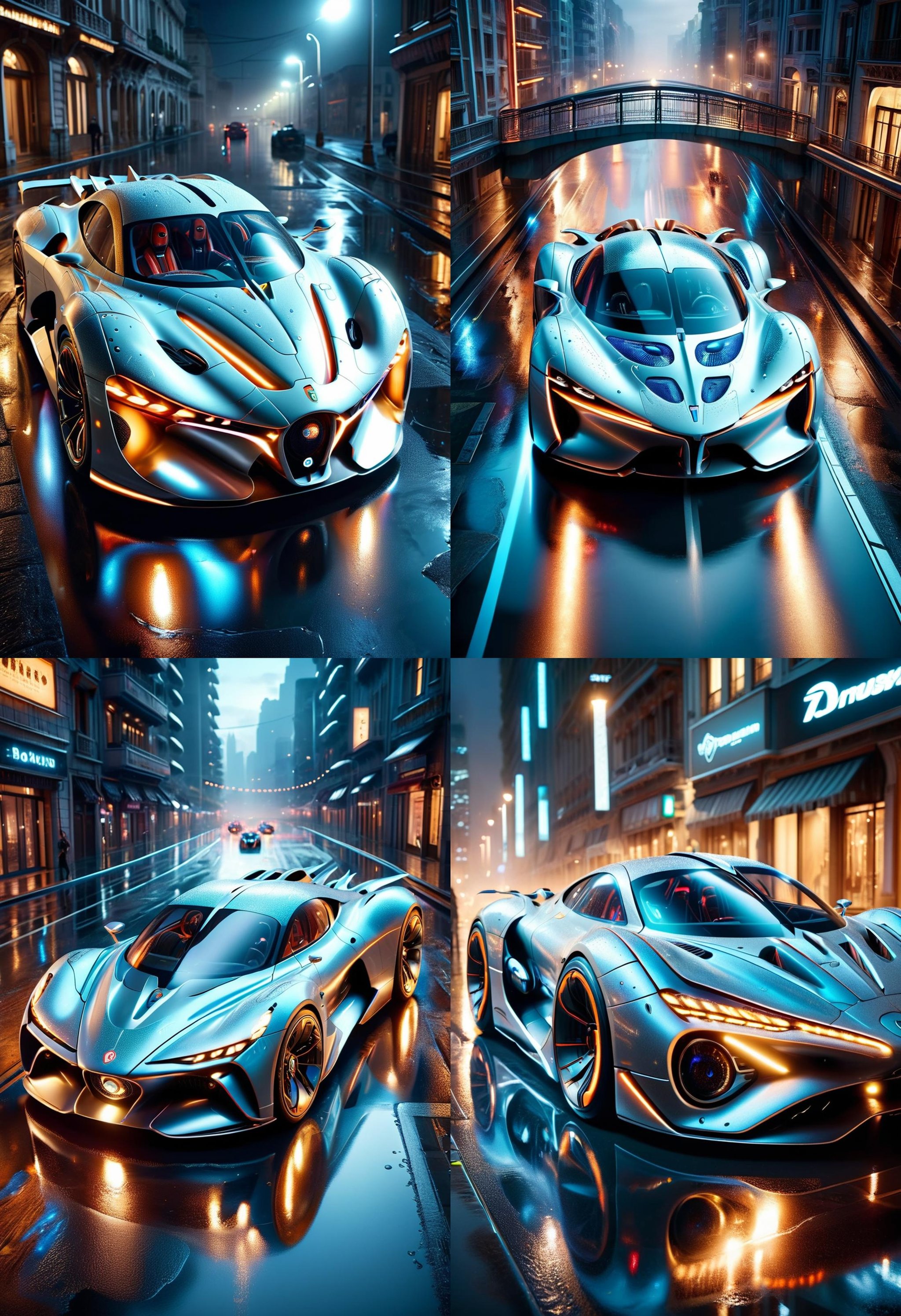 award winning photo of a drone eye view of a futuristic hypercar, large glowing headlights, cinematic still, at night, wet streets<lora:dvr-cl-dvsn:0.8> dvr-cl-dvsn