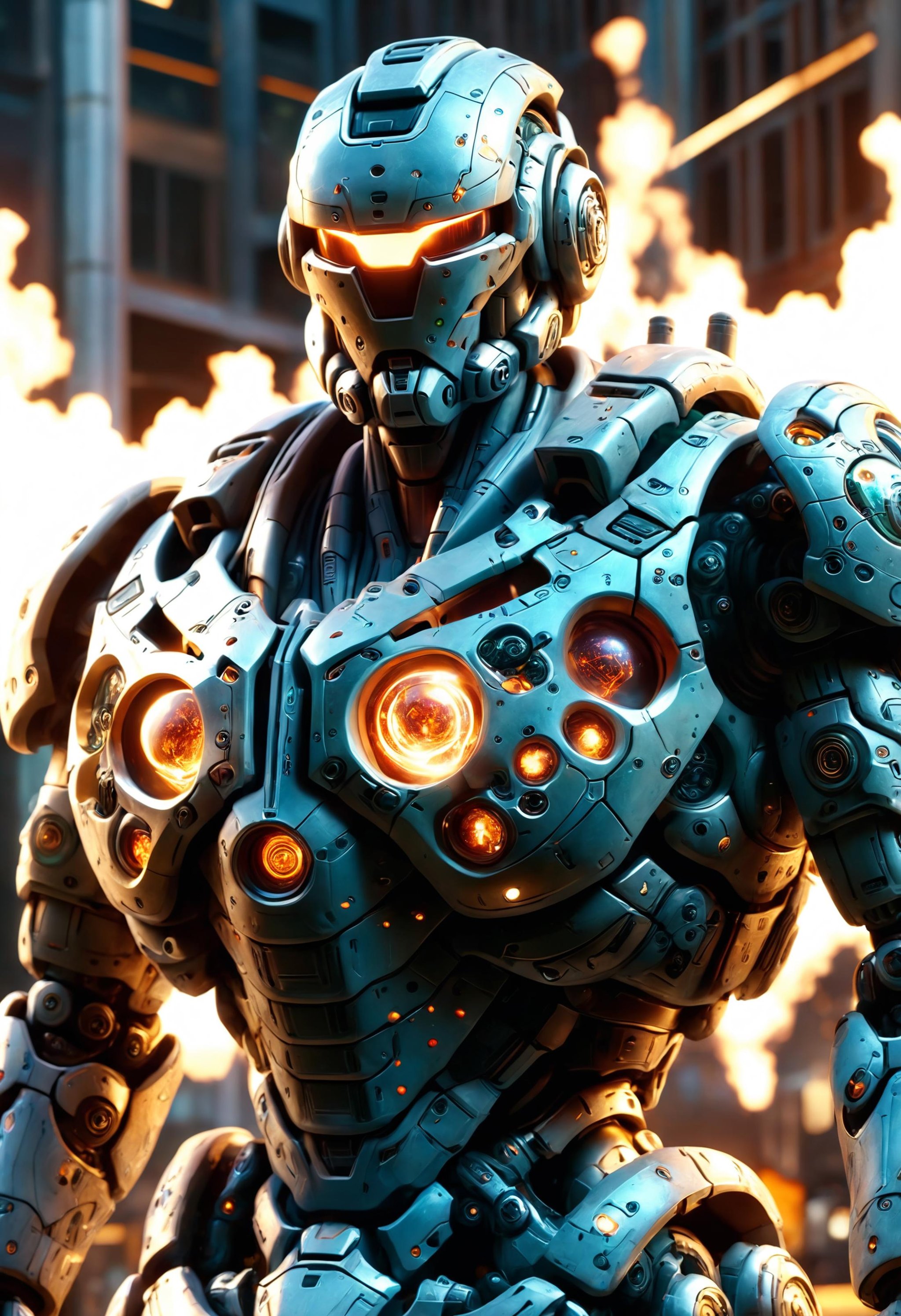 chaotic armored battle mech, nuclear apocalypse, intricate chest armor, anamorphic lens flare, cinematic light, twilight, cinema 4d multi-pass ray traced, 8k fabric texture details, grungy, digital painting, artstation, smooth, sharp focus, 4k, post-processing<lora:dvr-cl-dvsn:0.8> dvr-cl-dvsn