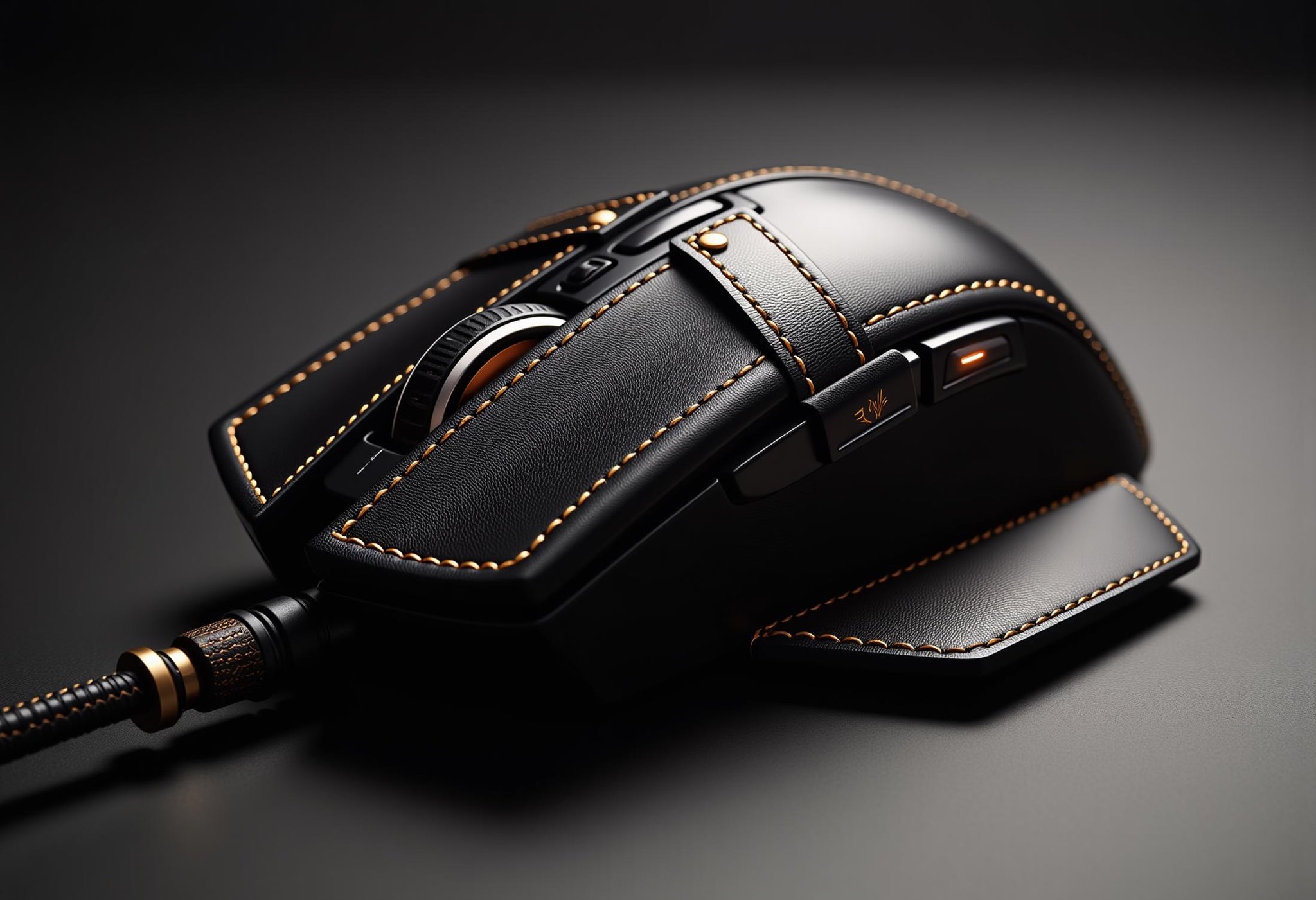 an alienware computer mouse with leather straps and a whip <lora:dvr-leather-flux:1>