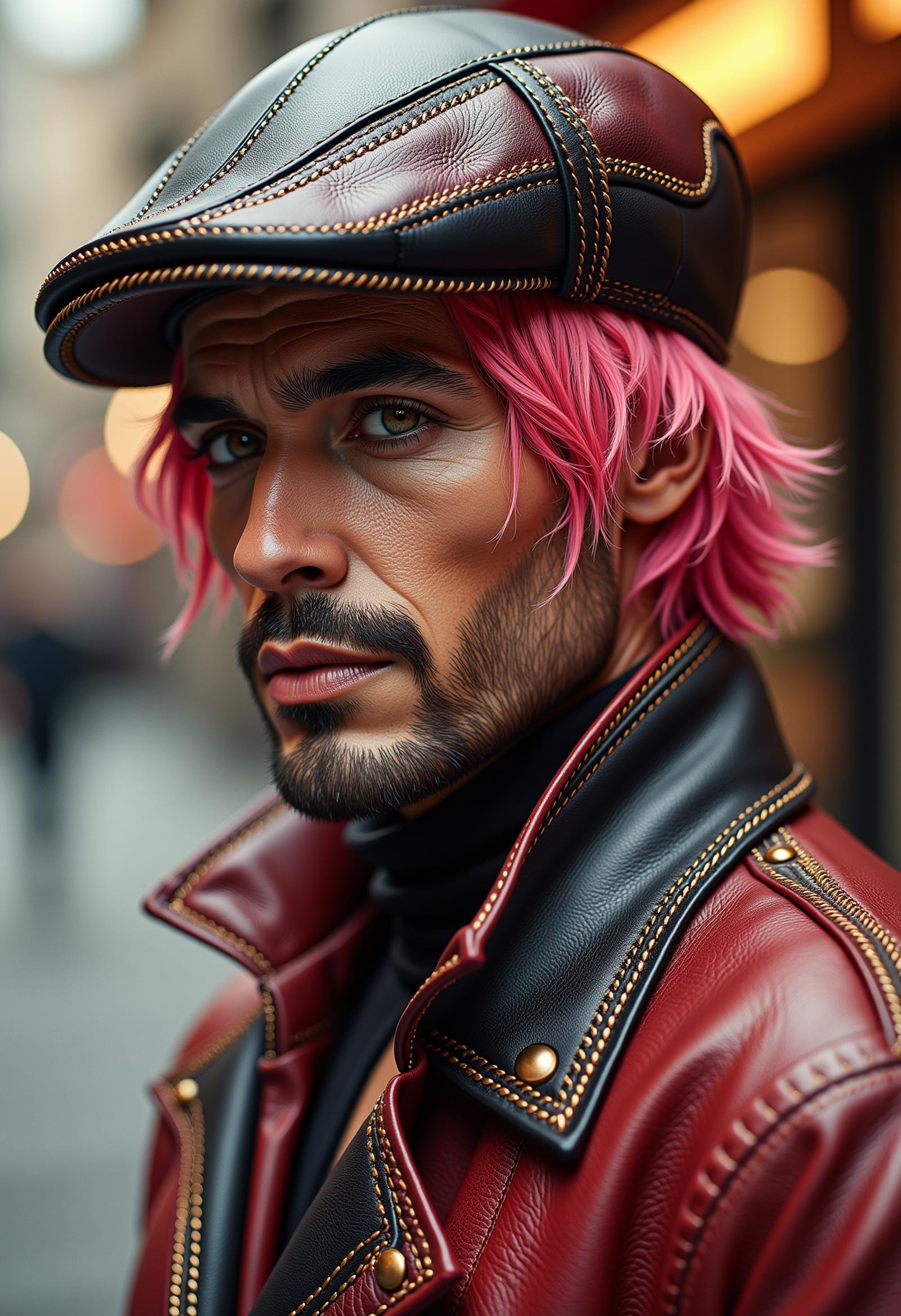 made of leather, photograph, Flashy Sardinian Guy, he is wearing a headwear, Pink hair styled as Layered cut, bokeh, Ilford FP4 125, 800mm lens, 4K, octane engine, <lora:dvr-leather-flux:1>, dynamic, unique, exquisite color, fine artistic composition, highly decorated, winning