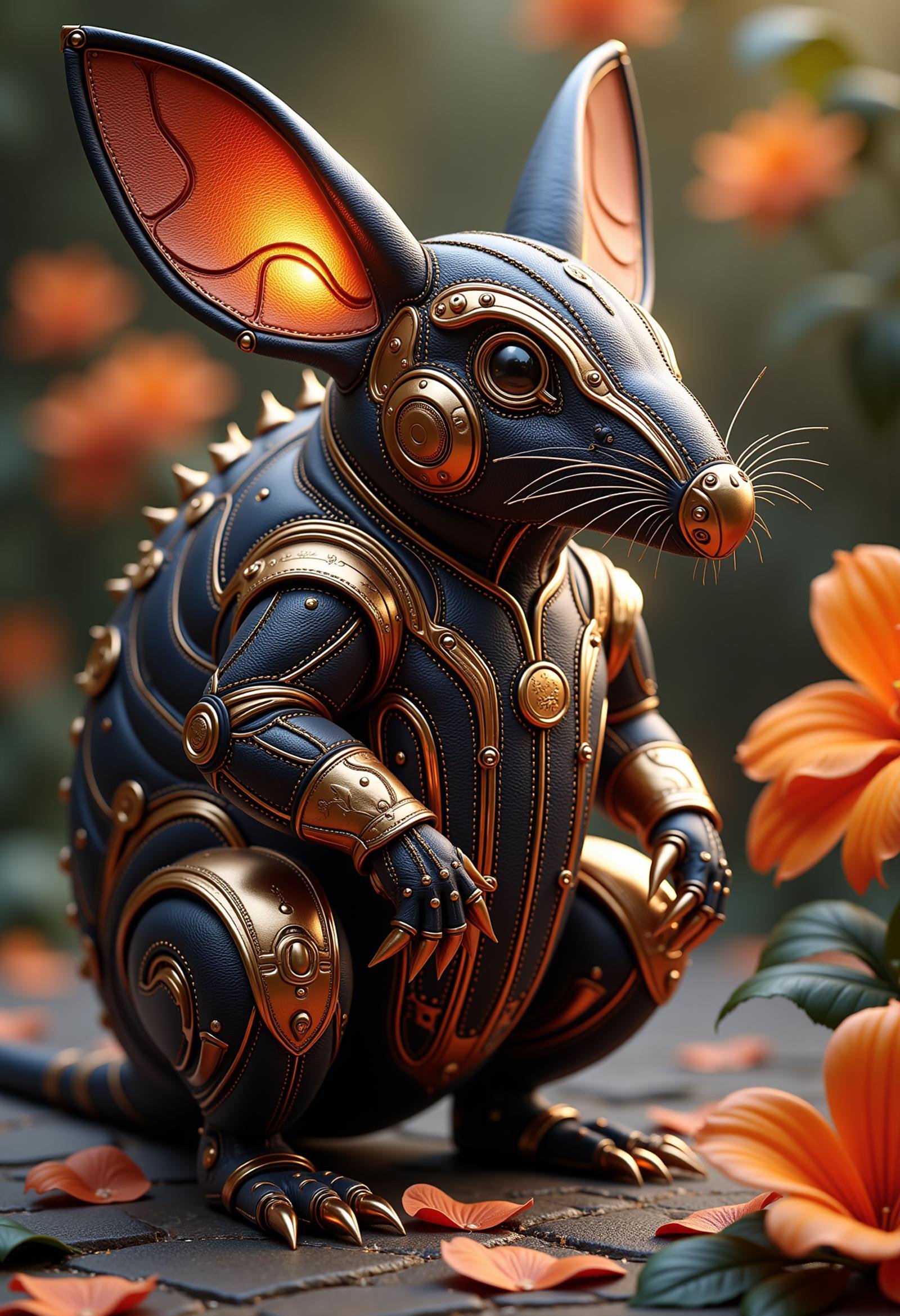 made of leather, sci-fi, digital art, robotic Armadillo, the Armadillo is dressed in cybernetics, Mythpunk, natural lighting, Floral motives, <lora:dvr-leather-flux:1>, cool colors, radiant, great composition, beautiful elegant, fabulous colors, beautiful detailed, glowing, epic