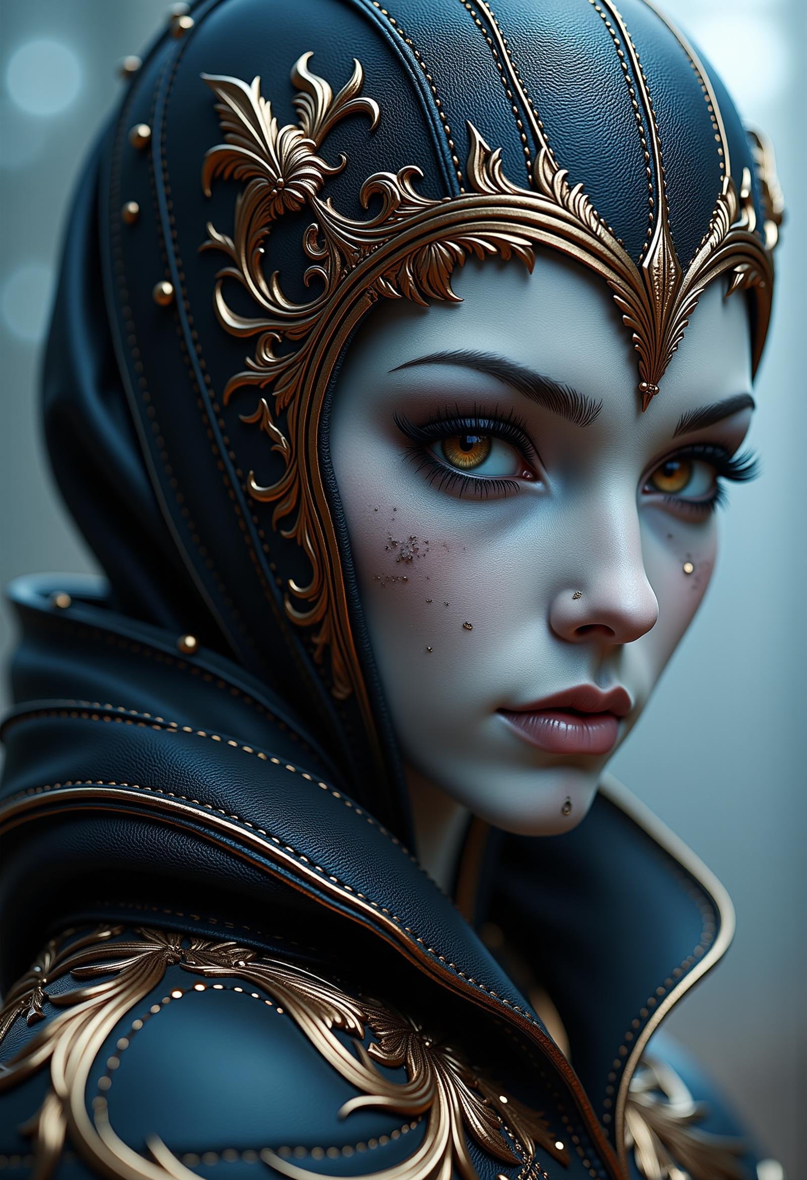 made of leather, D&D style portrait, fantasy, digital art, mundane Female Frost giant, girl, immense, detailed face, <lora:dvr-leather-flux:1>, stunning, warm light, cinematic perfect intricate stunning fine detail, cute, full color, surreal, ambient atmosphere, vivid colors