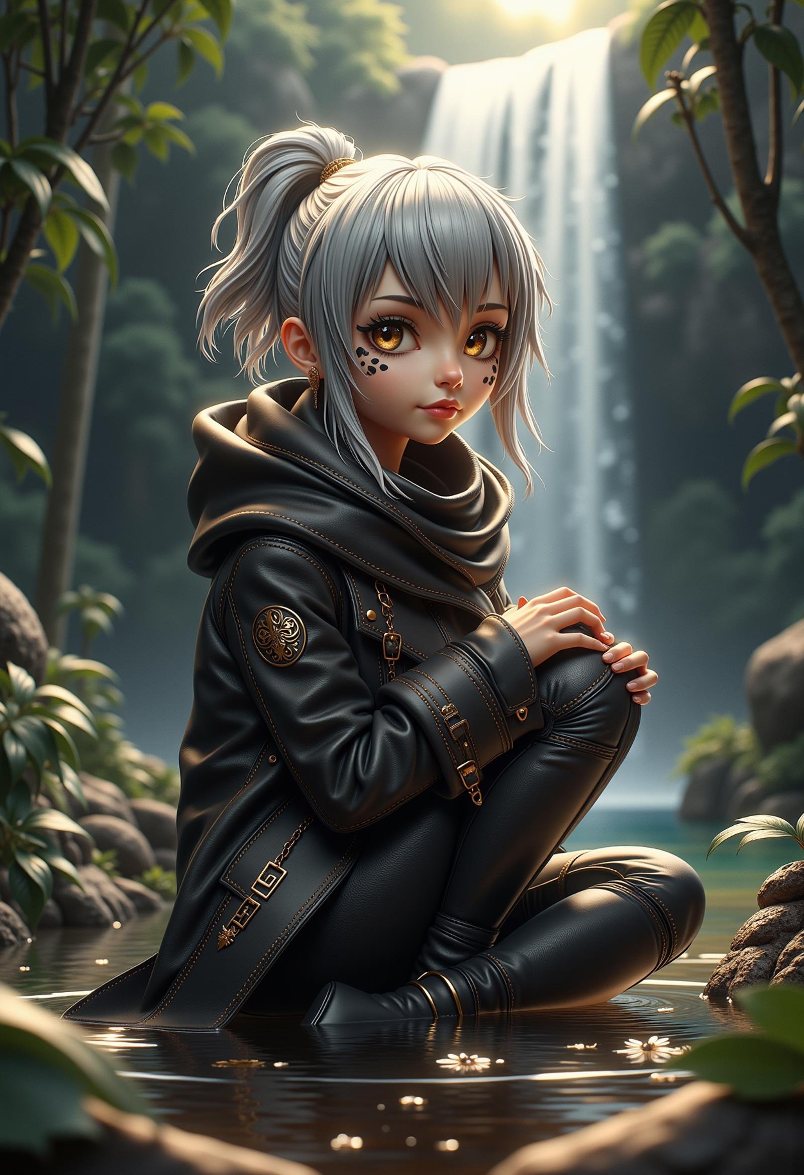 made of leather, (((masterpiece))) , (((best quality))) , anime style, 2d, anime sci-fi art, anime widescreen, Authentic 52 y.o. light-weight Costa Rican (pleasant 1girl, solo:1.3) Visiting in a Farmhouse, Sitting in a Waterfall, in Cowl, her hair is Silver and styled as Shaved head with a beard, cheetah print Makeup, Hurricane, majestic, Offset print, manga, studio anime, <lora:dvr-leather-flux:1>, warm light, intricate, beautiful, atmosphere, dynamic dramatic atmosphere