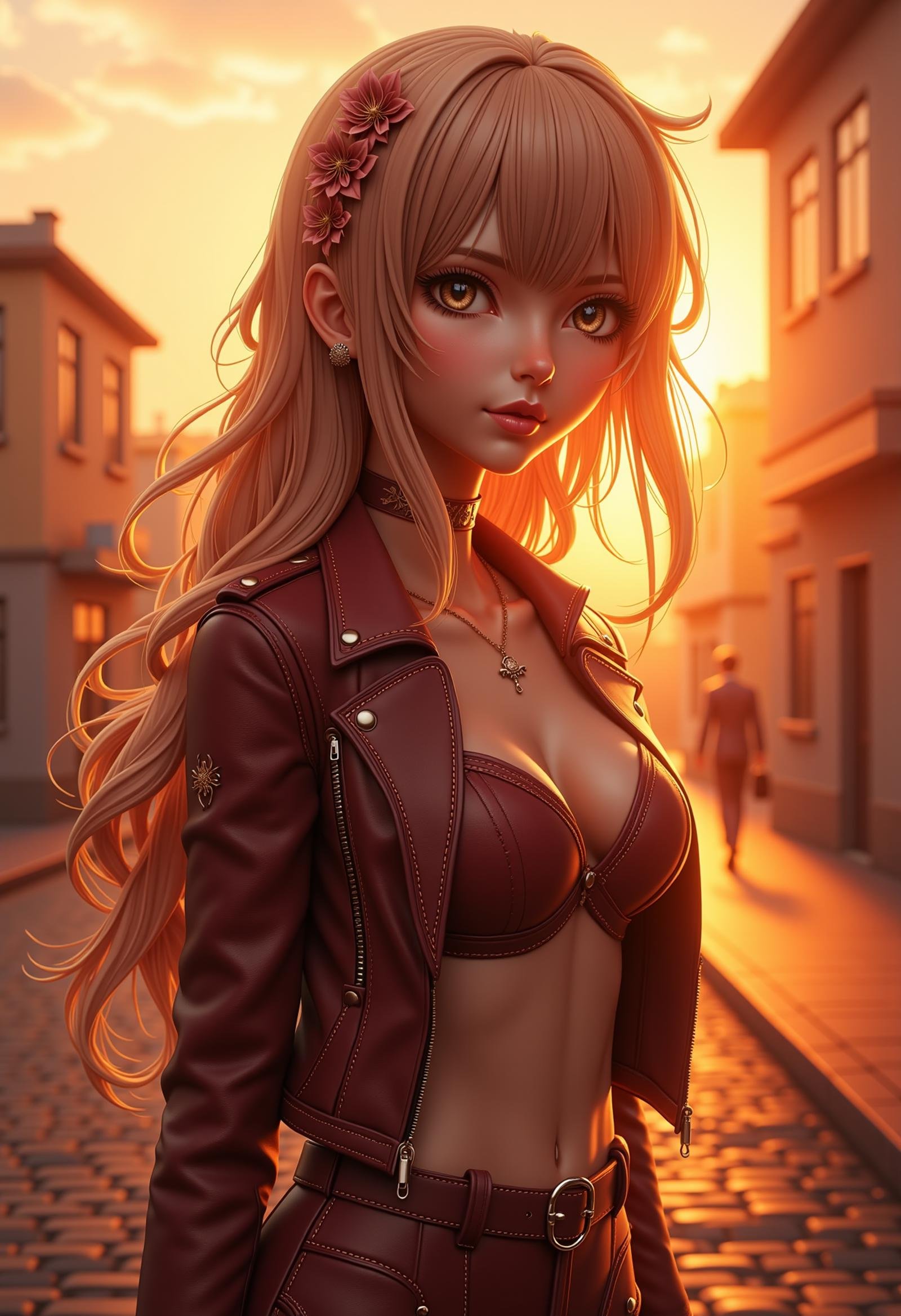 made of leather, (((masterpiece))) , (((best quality))) , anime style, 2d, anime 2D anime, Maiden (cozy 1girl, solo:1.2) , she is Brilliant, in love, Adventure pose, Urban Fitbit, at Sunrise, Relaxed, Glowwave, warm golden hour lighting, Low shutter, Calotype, pale skin, natural skin tones, <lora:dvr-leather-flux:1>, delicate, extremely rich detail, intricate detail, excellent composition, flowing