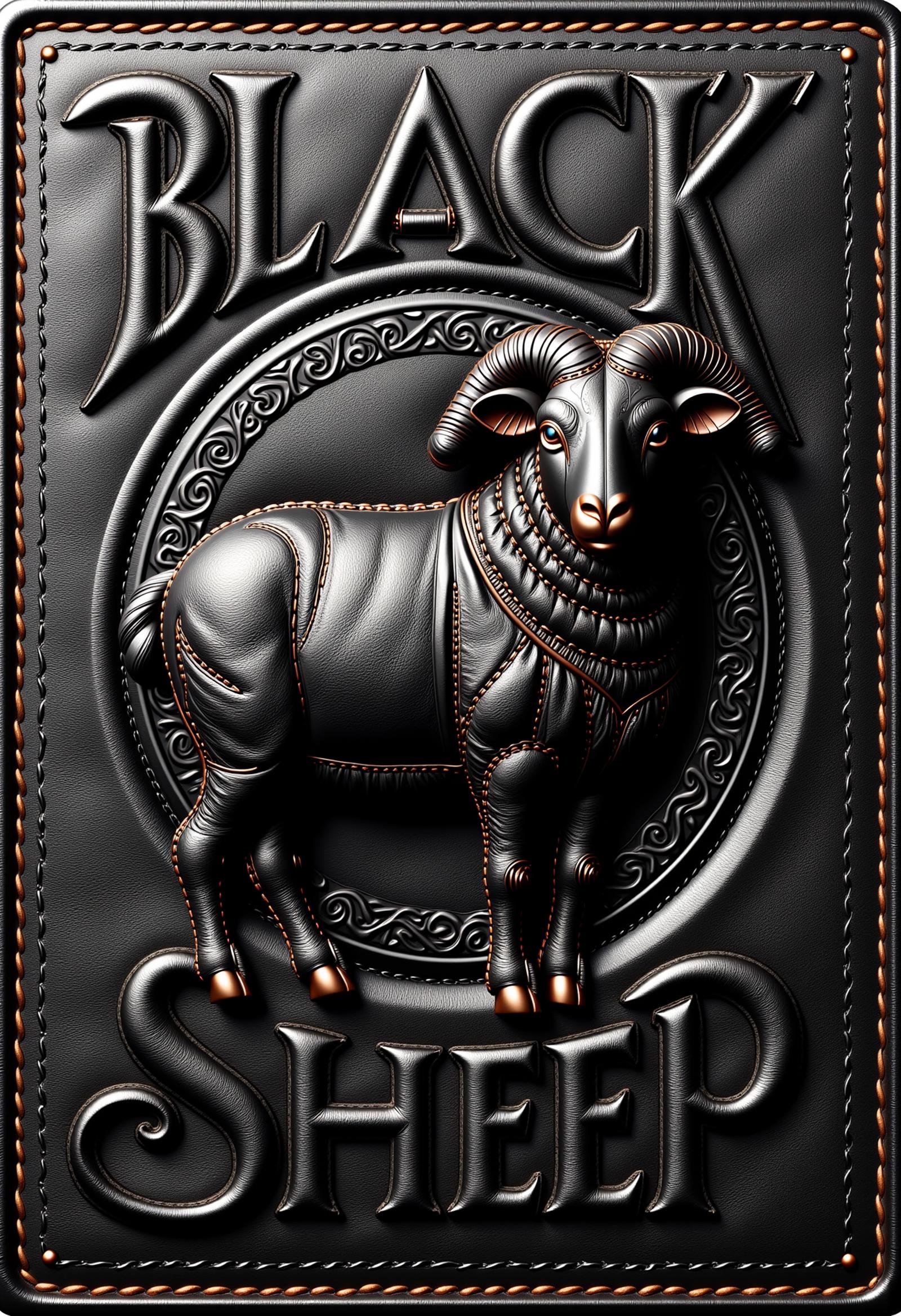 made of leather, text logo with the words "Black Sheep" above a black sheep <lora:dvr-leather-flux:1>