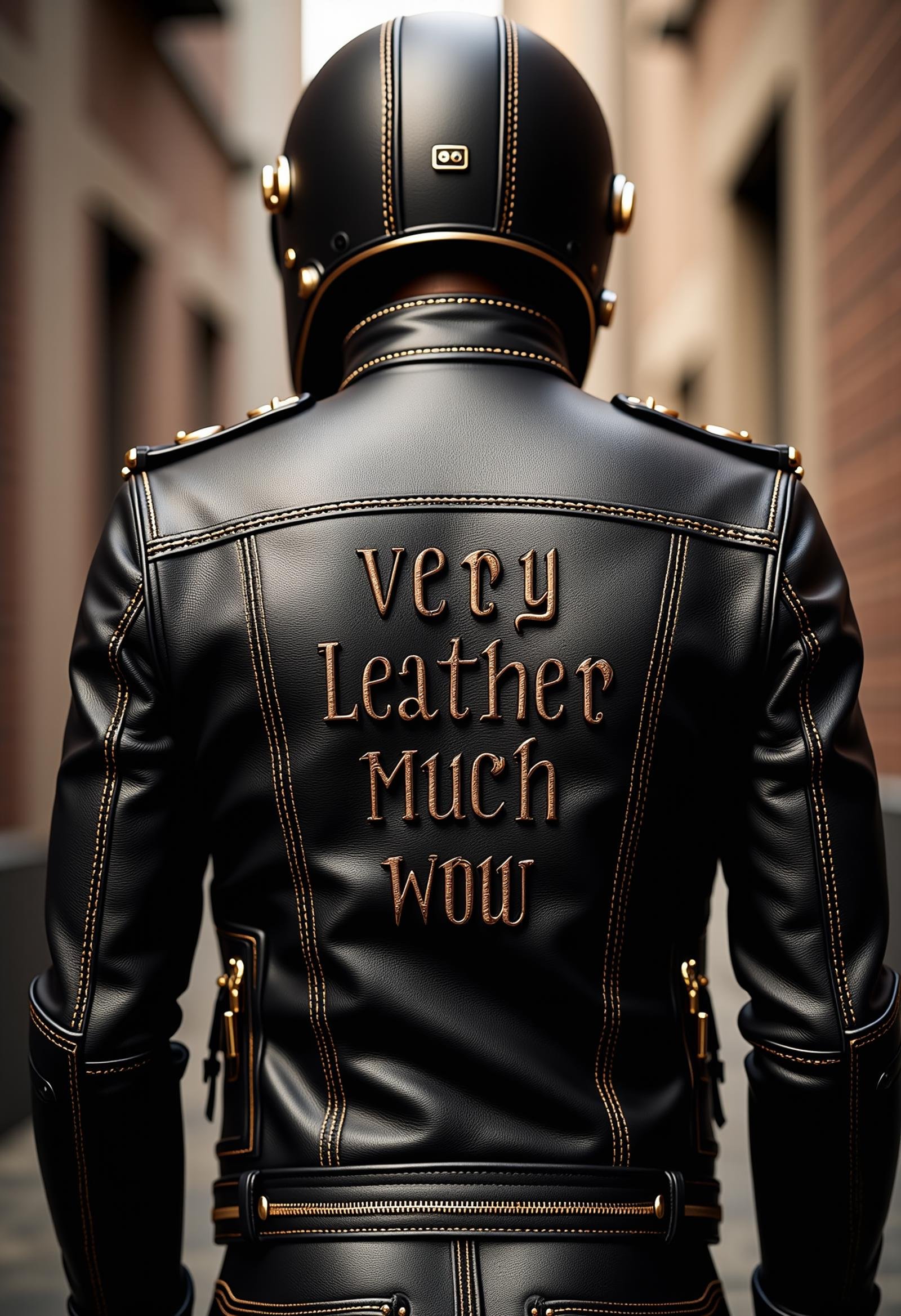 made of leather, realistic photo of a biker from behind, the stitching on the back comes together to form the words "Very leather Much Wow" <lora:dvr-leather-flux:1>