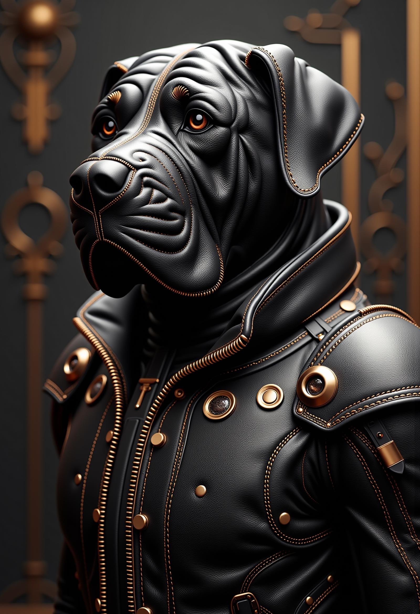 made of leather, sci-fi, digital art, robotic Shar Pei, wearing cybernetics, shallow depth of field, Knightcore, Ambient lighting, concept art, robot, cyber, <lora:dvr-leather-flux:1>, perfect composition, rich deep colors, enchanted, aesthetic, complex, quality, highly detailed, great composition